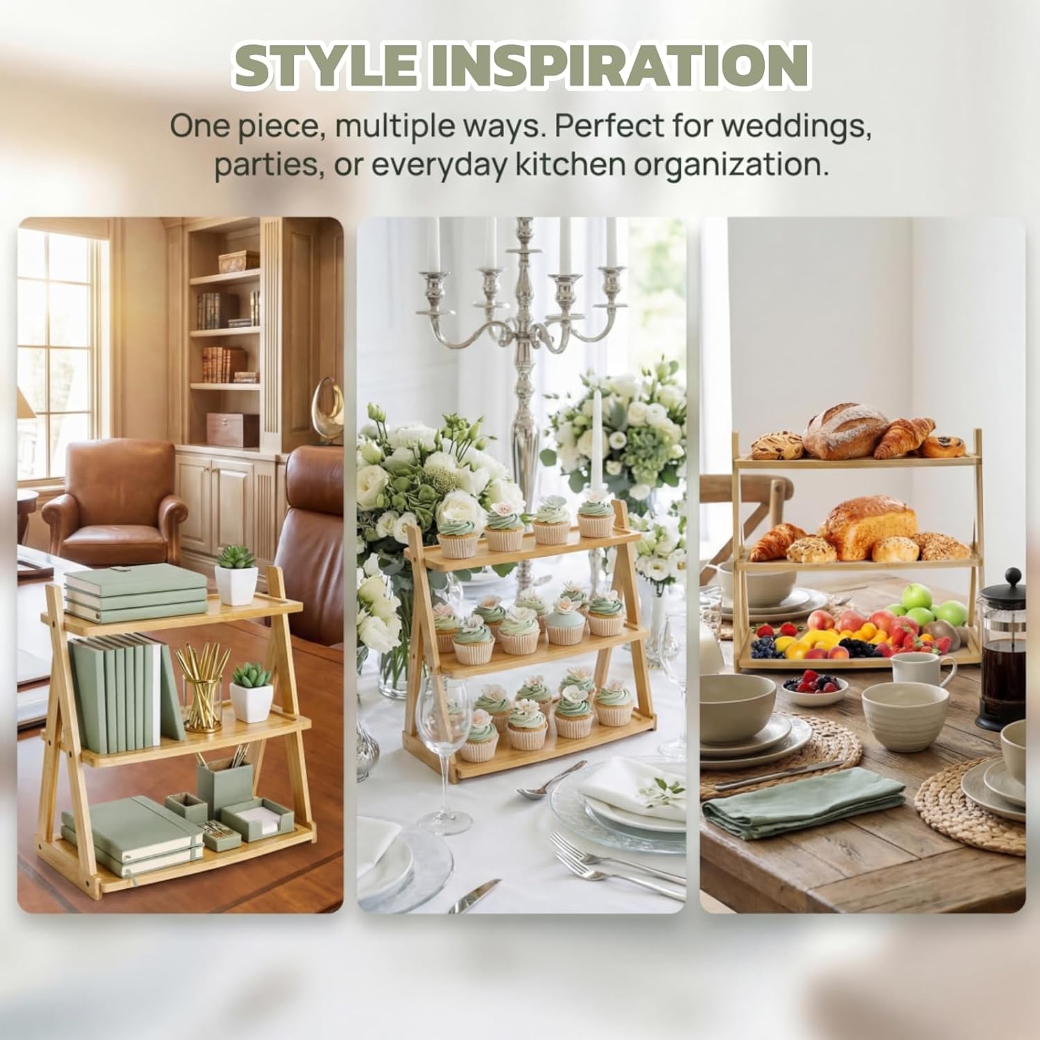 3 Tier Bamboo Serving Tray, Rectangle Serving Platters Tiered Tray Stand, Fruit Cupcake Display Stand Farmhouse Decorative Trays for Appetizers, Snacks, Dessert, Party, Birthday, Wedding