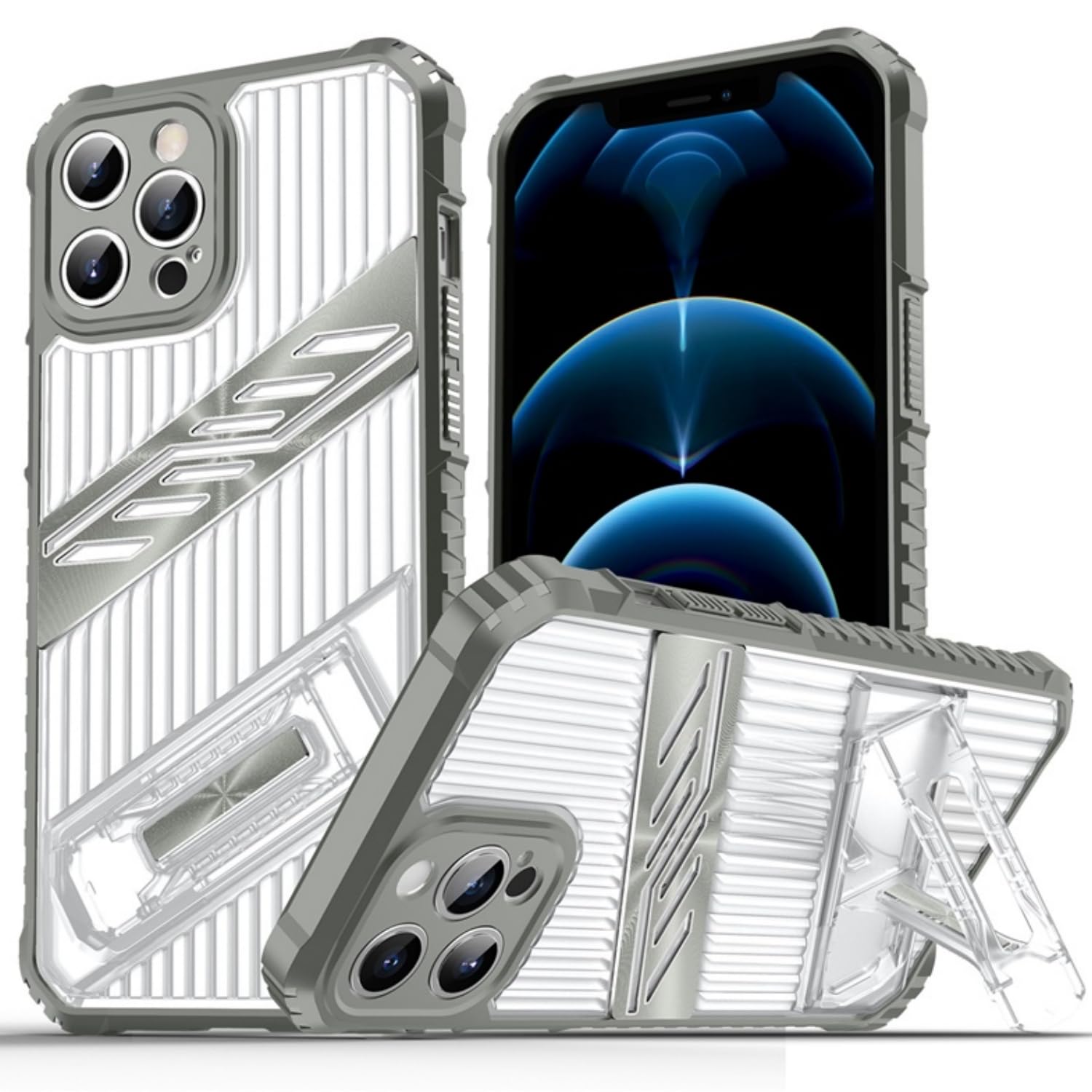 SORAKA Case for iPhone 12 Pro Max with Stand Transparent Hard PC and Flexible Non-Slip Textured TPU Dual Layer Shockproof Cover