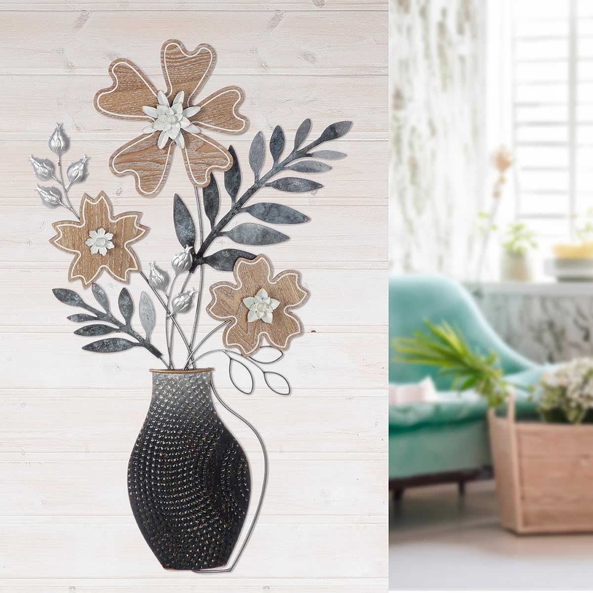 Casablanca - Ramo de flores de metal con relieve, 78 x 44 cm, color antracita/azul oscuro/blanco, texturado, diseño de flores, 78 x 44 cm