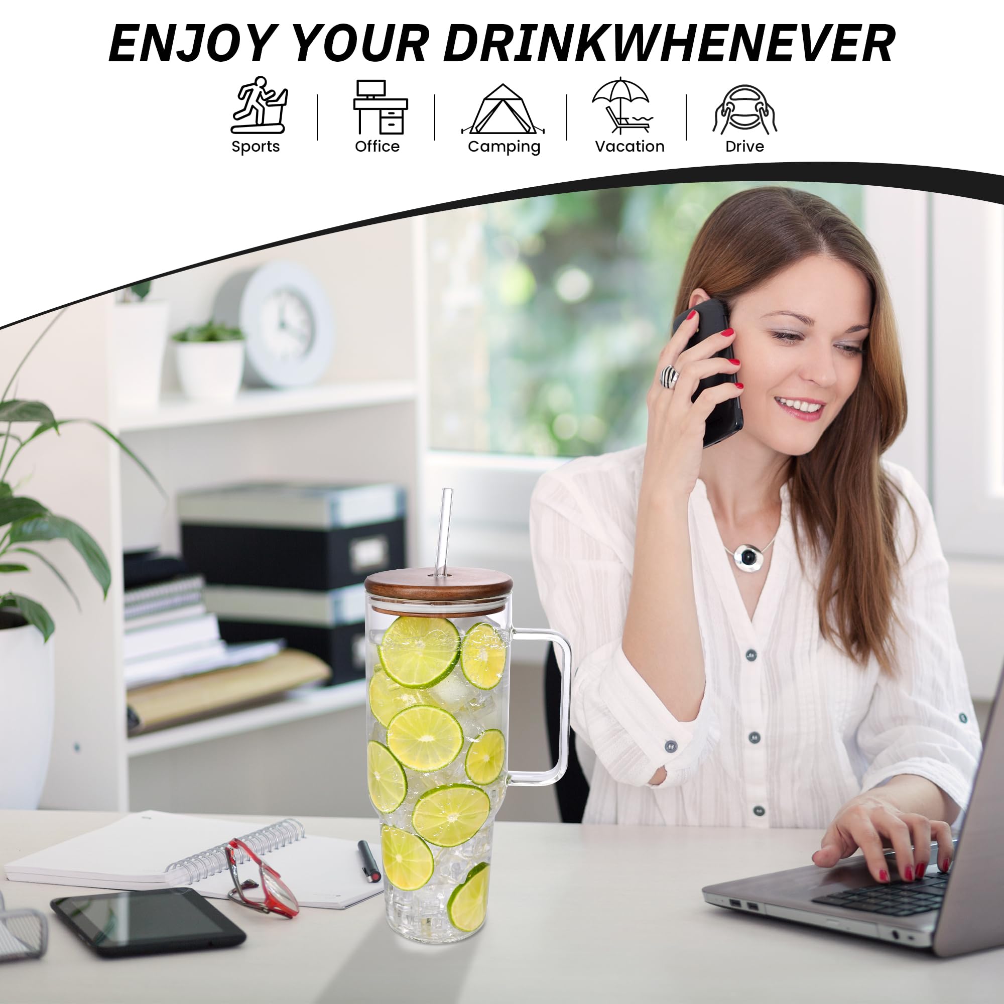 Tazza in vetro da 1,4 l con coperchio in legno di acacia e cannucce, grande bicchiere con manico e cannucce, bottiglia d'acqua a bocca larga, tazze da caffè ghiacciato, tazza da viaggio per acqua
