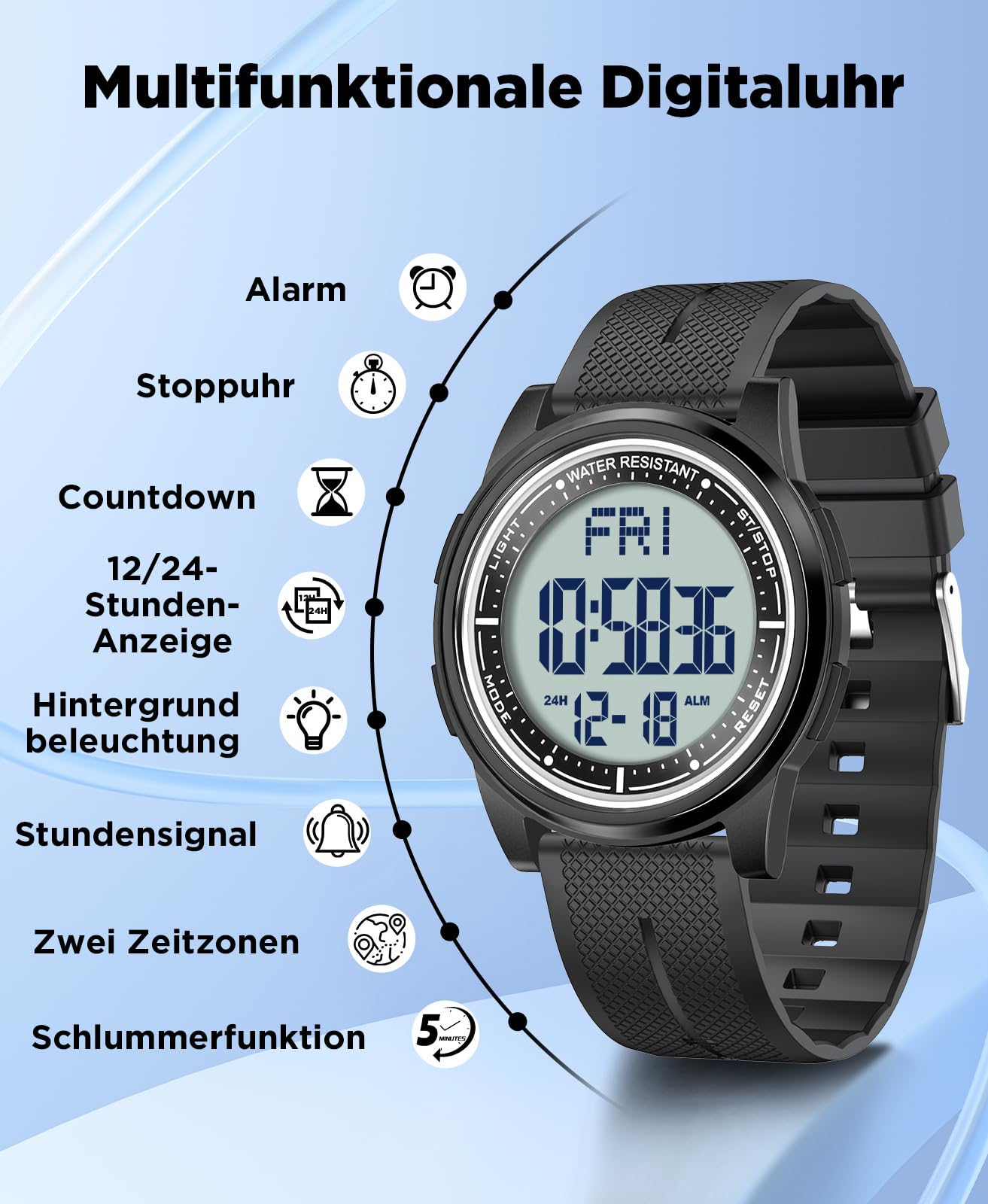 WIFORT Digital Herren Damen Uhren 5 ATM Wasserdicht Sport Armbanduhr mit Wecker Stoppuhr Countdown Duale Zeitzone, Ultradünn Weitwinkel Anzeige Digitaluhr für Jungen Mädchen