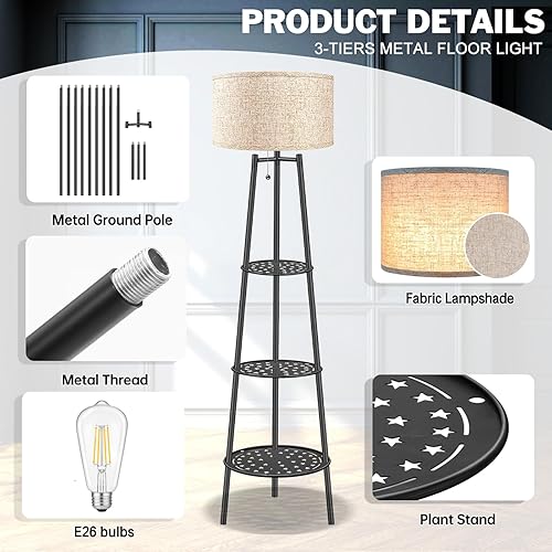 Miniatura 8 de 2 lámparas de pie negras con estantes para sala de estar, lámpara de pie, lámpara alta, Amparas elegantes para sala con pantalla de lino, lámpara de
