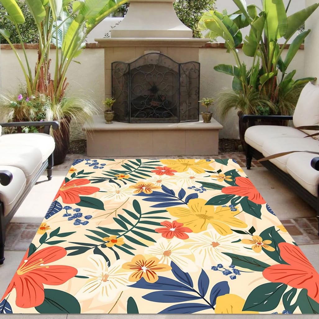 Colorful Bohemian Floral Outdoor Area Rug 5x7 Waterproof Washable No Slip Outside Rug for Garden Patio Deck Porch Spring Summer Balcony Backyard