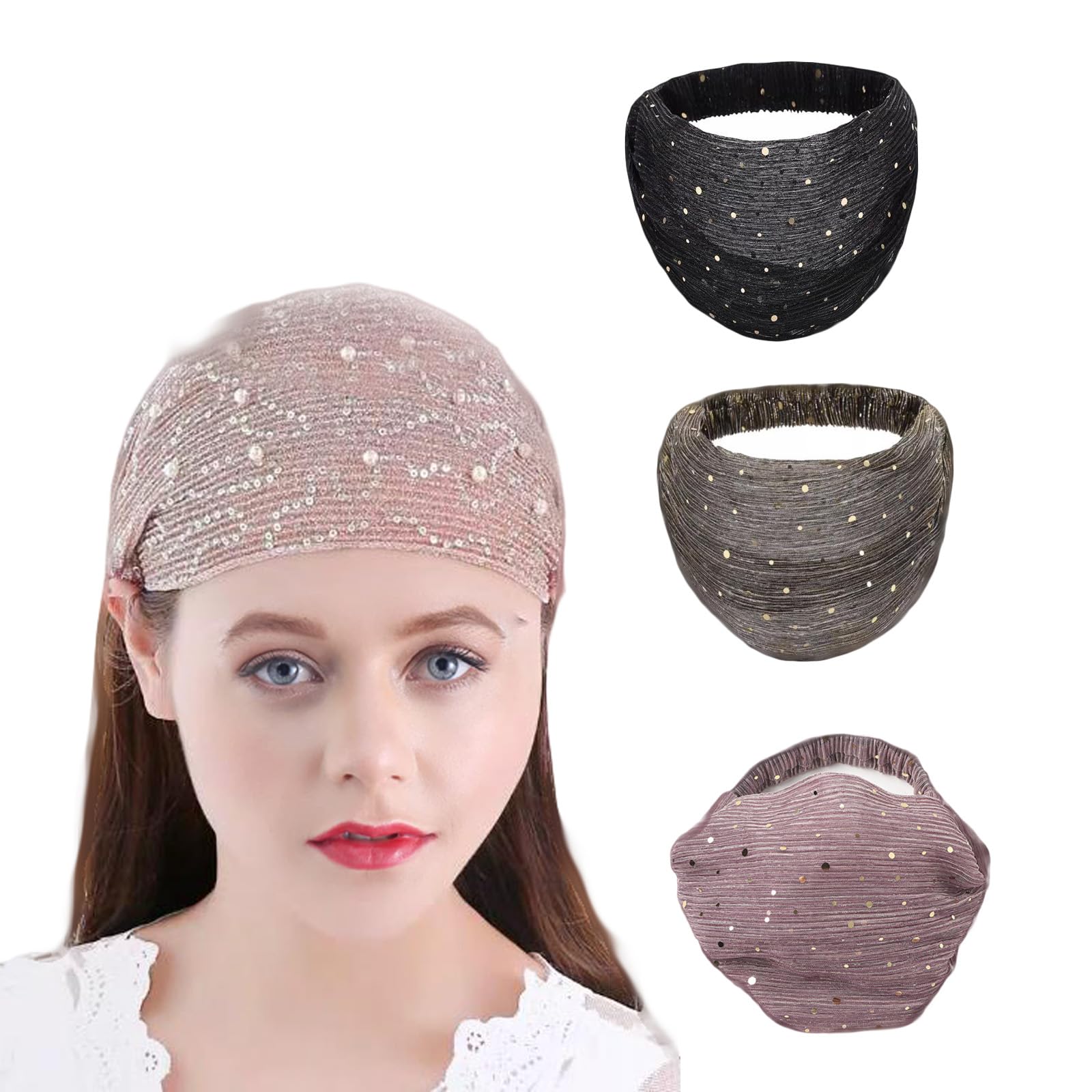 Eowppue 3 Pcs Wide Headband-Headbands for Women's Hair-Sequins Elastic Hair Bands Yoga Turban Outdoor Head Wraps for Women and Girls Running Makeup Headband Gym Sport Sweat Headbands