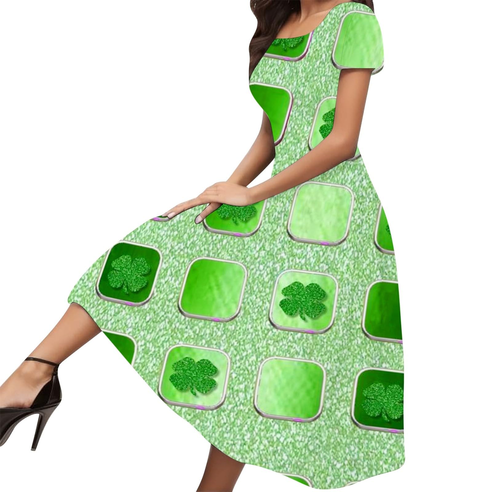 YOGALULUWomen's Spring and Summer Fashionable Temperament Elegant Green Themed Printed Round Neck Short Sleeved Casual Dress Long Skirt 2 Long Sleeve Shirt Dress
