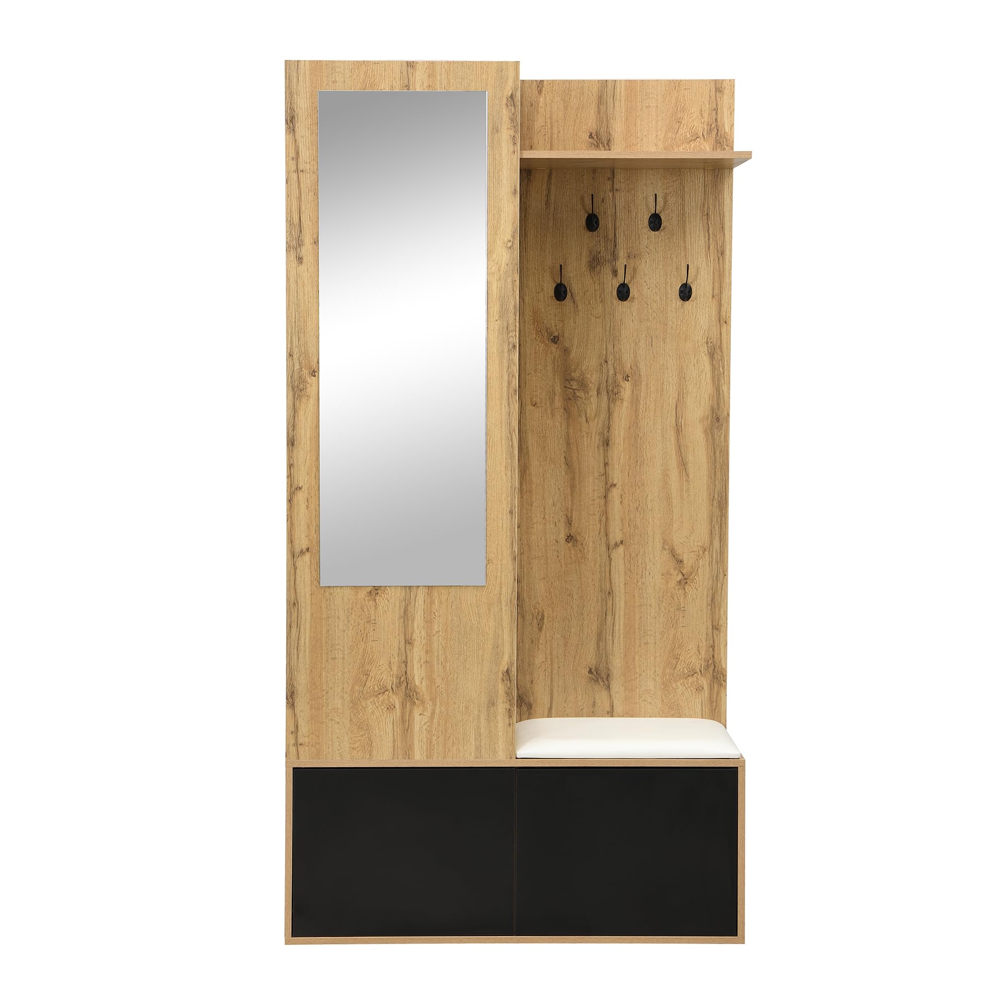 Il set di armadi comprende 5 ganci appendiabiti, uno specchio, una scarpiera, una zona superiore nascosta da appendere e una panca appendiabiti per il corridoio. (100 L x 38 W x 191 H (cm))