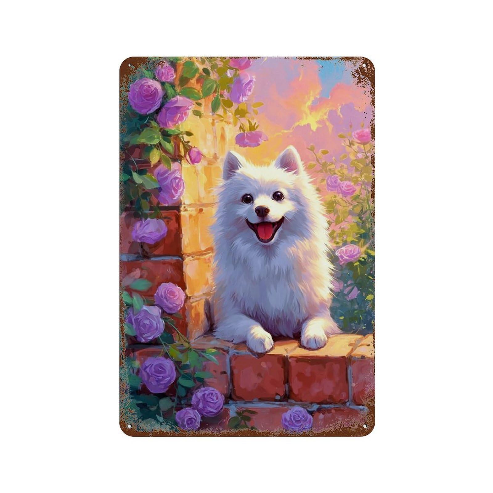 Weathered Tin Sign Floral Garden Pomeranian 11.8"x7.9", Rustic Home Decor for Basement, Hobby Room And Garage Decor