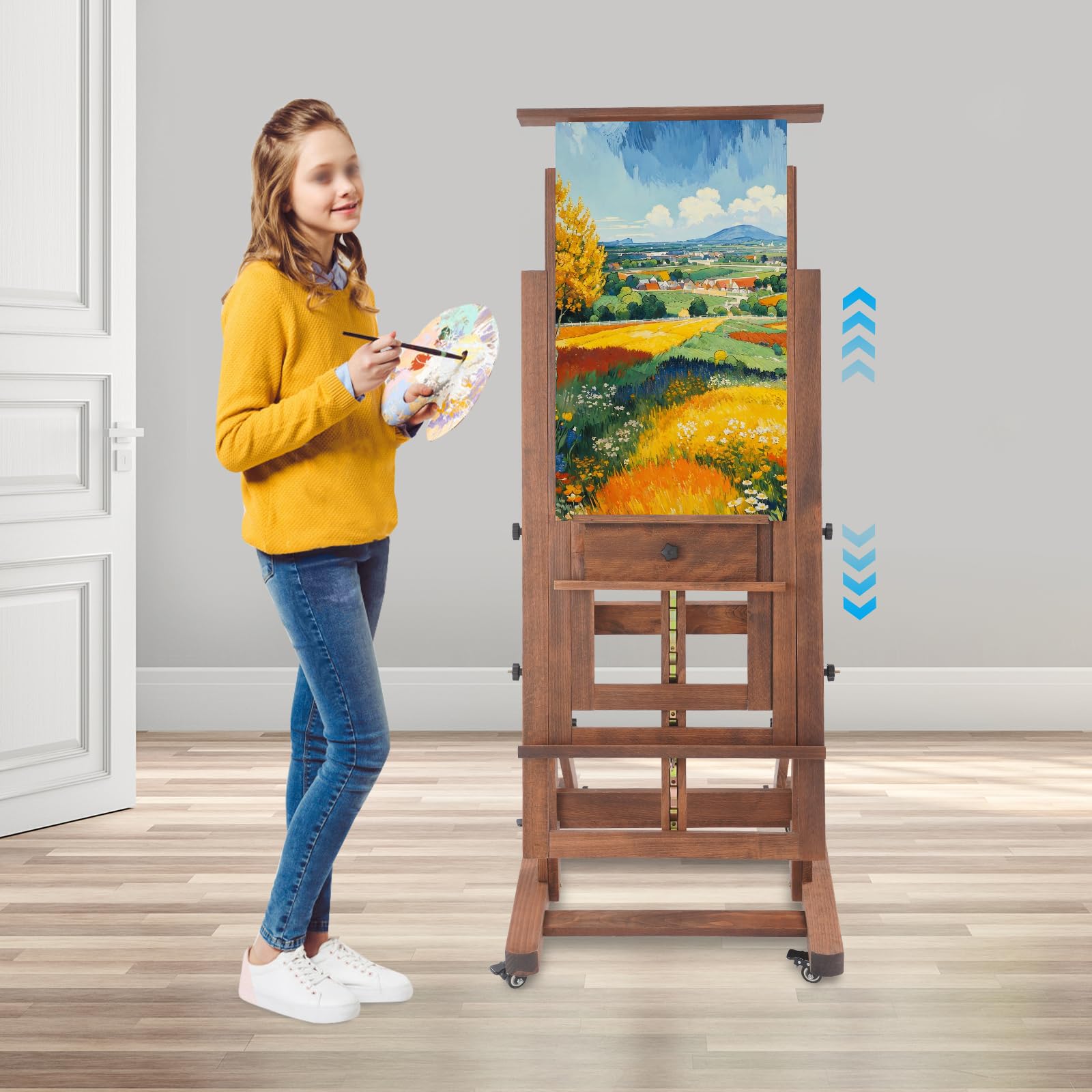 Sztaluga drewniana, regulowana 140-300 cm, duża sztaluga z kółkami, malowanie poziomo i pionowo, do malowania, artystów, dorosłych, obciążenie 10 kg (kolor retro)
