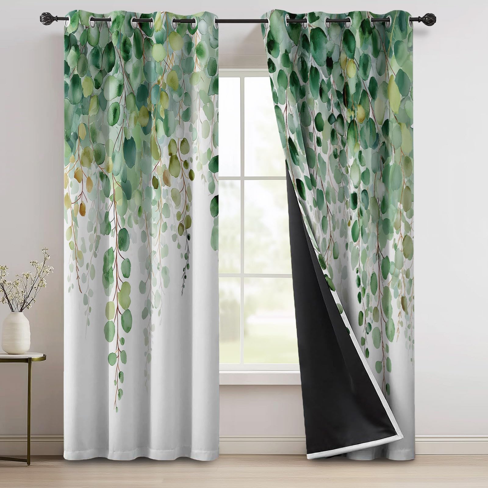Generisch Vorhänge Aquarell Pflanzen Ranken Motiv, Natur Landhausstil Blickdichte Vorhänge für Wohnzimmer Schlafzimmer Deko, Grün Thermo Verdunklungsvorhänge mit Ösen, 5er Set H245 x B100 cm