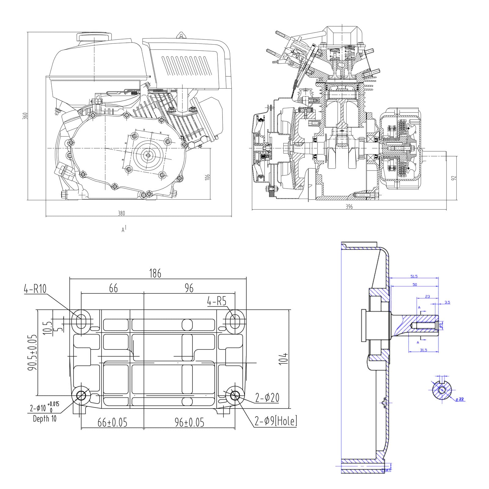 LIFAN 168 Benzinmotor 4,8 kW 6,5 PS 196 ccm mit Ölbadkupplung und Reduktionsgetriebe 2:1 Kartmotor