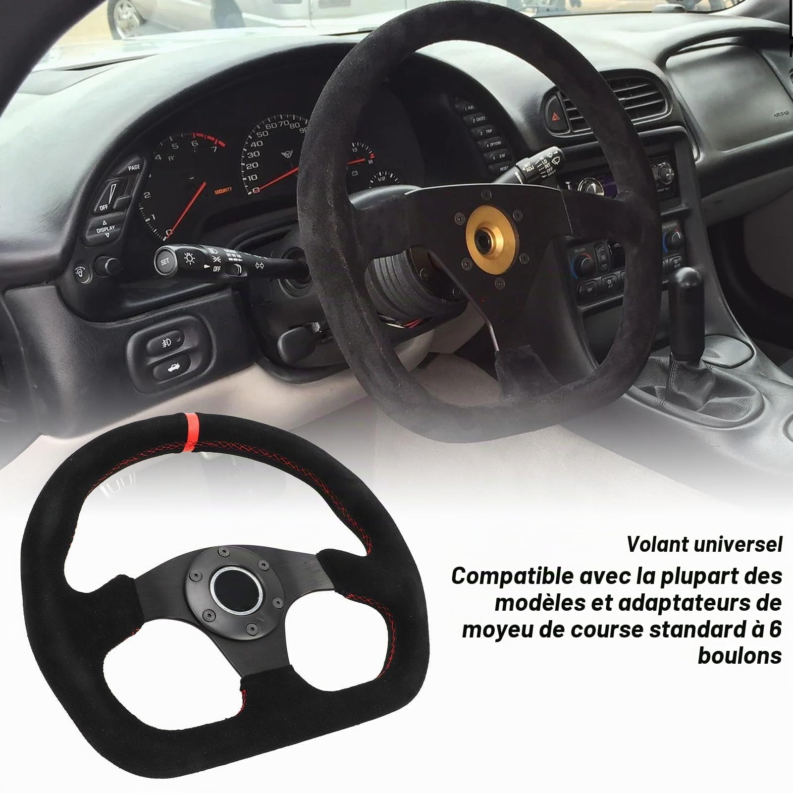 Volant Universel Type D - 325 Mm Plat Profond 6 Boulons, Cadre Noir en Cuir Sport, Remplacement de la Roue à la Dérive pour Voiture de Course
