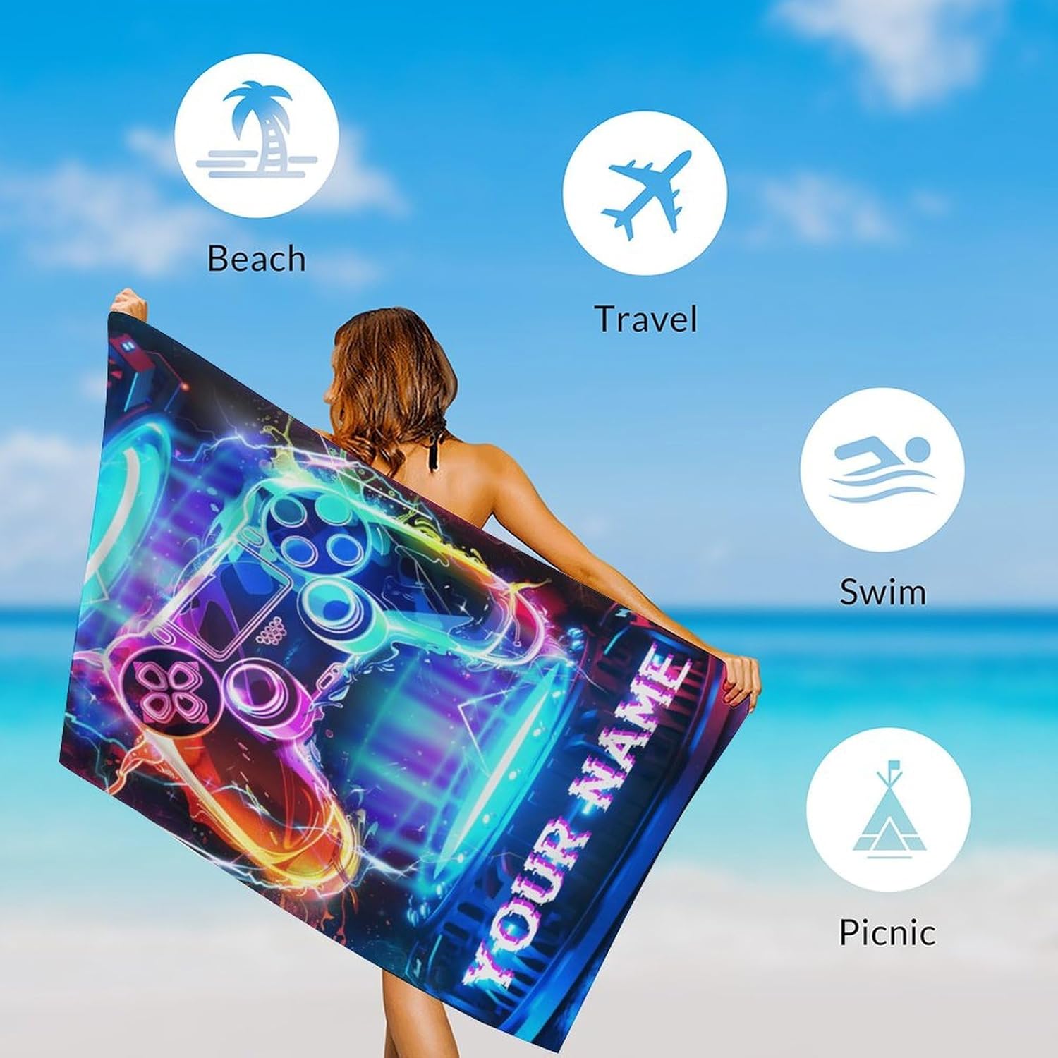 Custom Beach Towel for Men, Quick Dry Microfiber Absorbent Gamer Bath Towels for Bath, Swimming, 40" x 70" Portable Beach Essentials for Adults