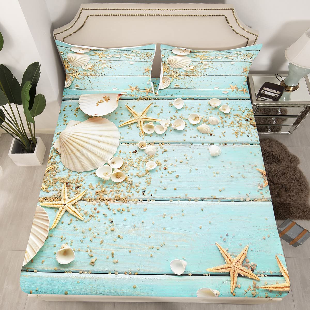 Seashell Starfish Fitted Sheet Queen Size Wood Stripes Bedding Set 3pcs for Kids Teens Girls Boys Room Decor