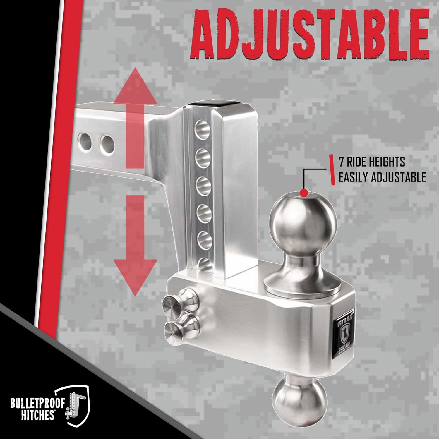 BulletProof Hitches - 2.5" Aluminum Trailer Hitch (14,000 lb. Rating) - Adjustable Hitch with 4" Drop/Rise and 2" & 2-5/16" Stainless Steel Dual Ball - Corrosion-Resistant Tow Hitch