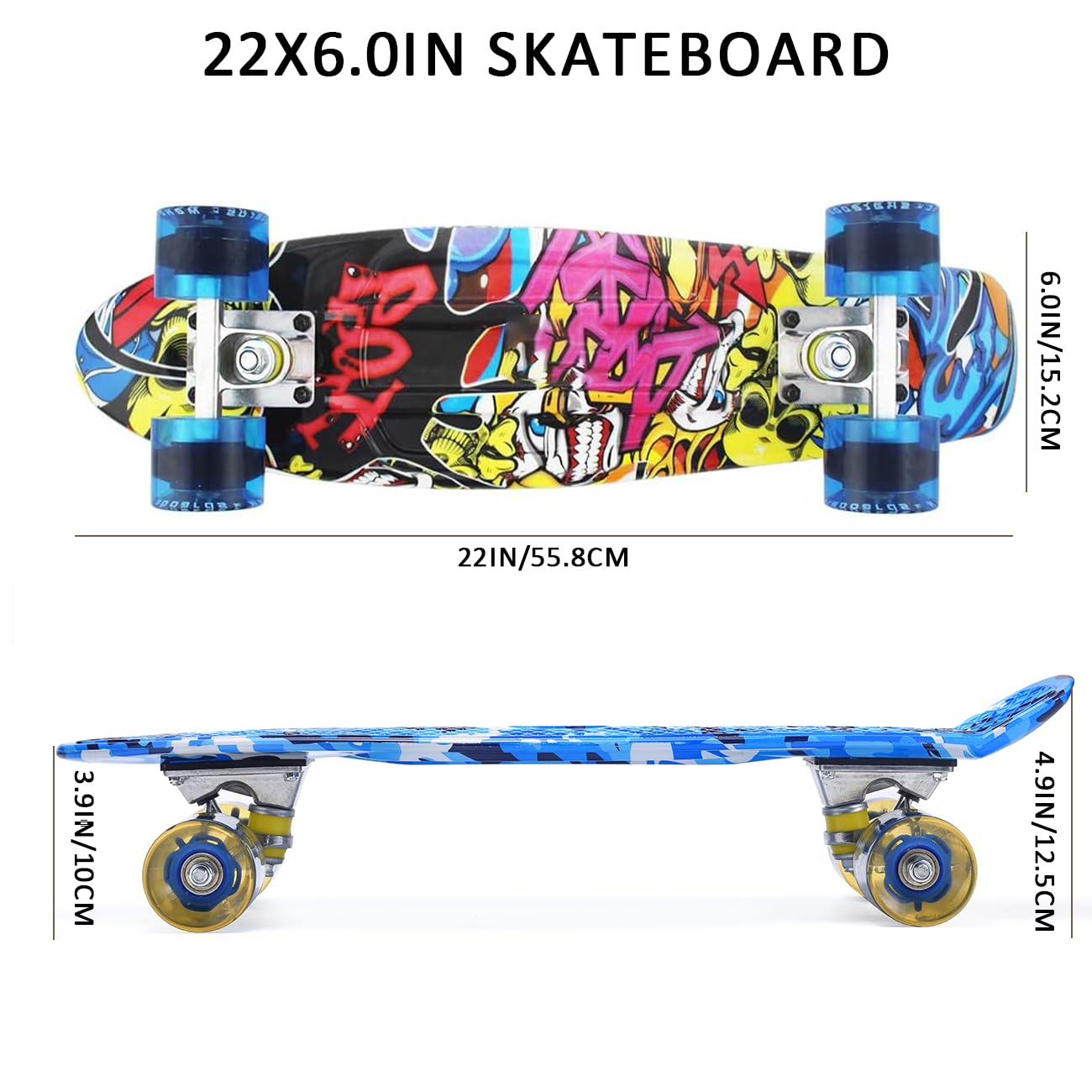 ERNAN Skateboard Complete 22 Inch Mini Cruiser, Rodamientos ABEC-7 y Ruedas 78A PU - para Niños, Adultos, Principiantes con Ruedas Light Up Complete Skateboard - 3