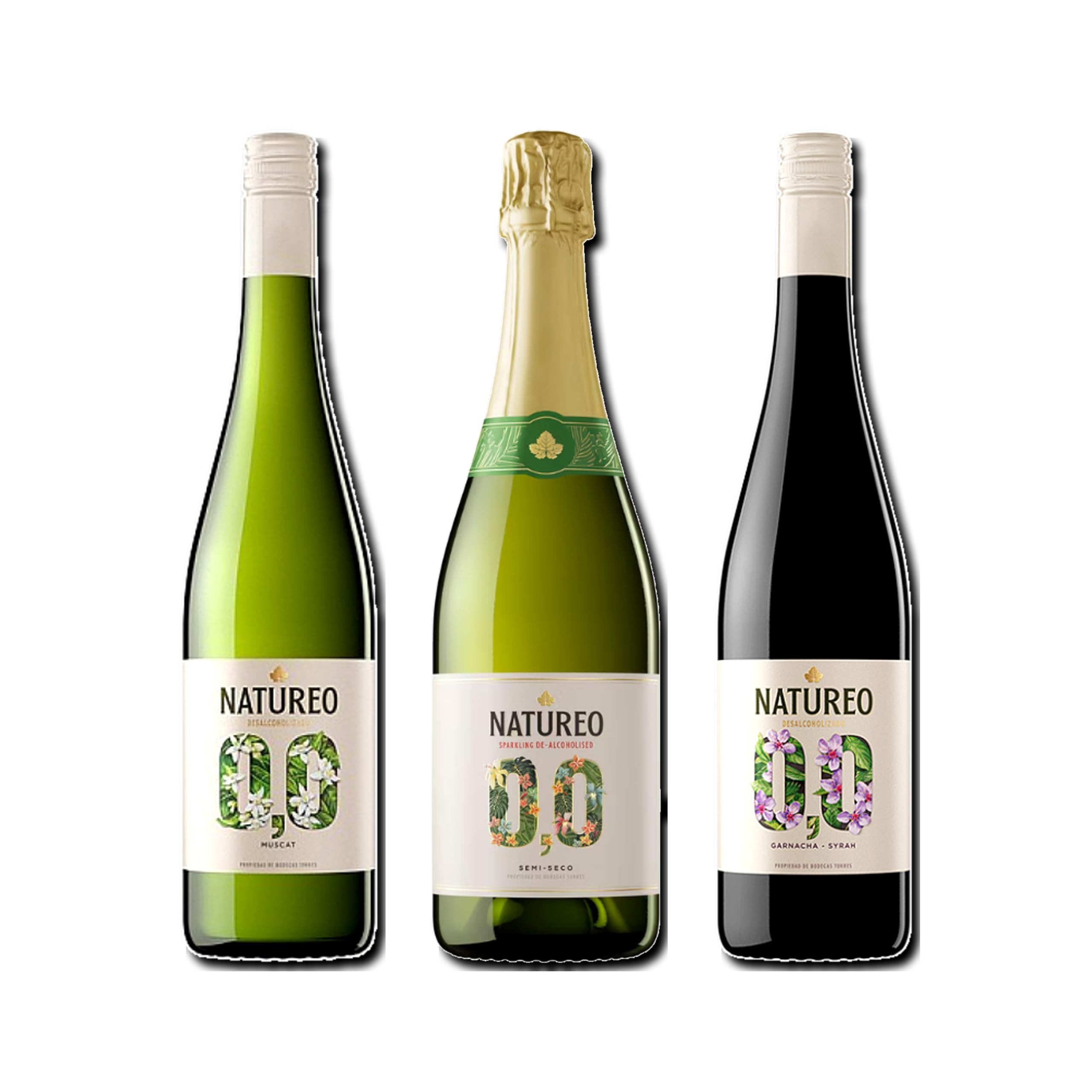 vino sin alcohol 0,0 Natureo Blanco Muscat, Sparking 0,0 y Natureo Tinto pack de 3 botellas 75cl