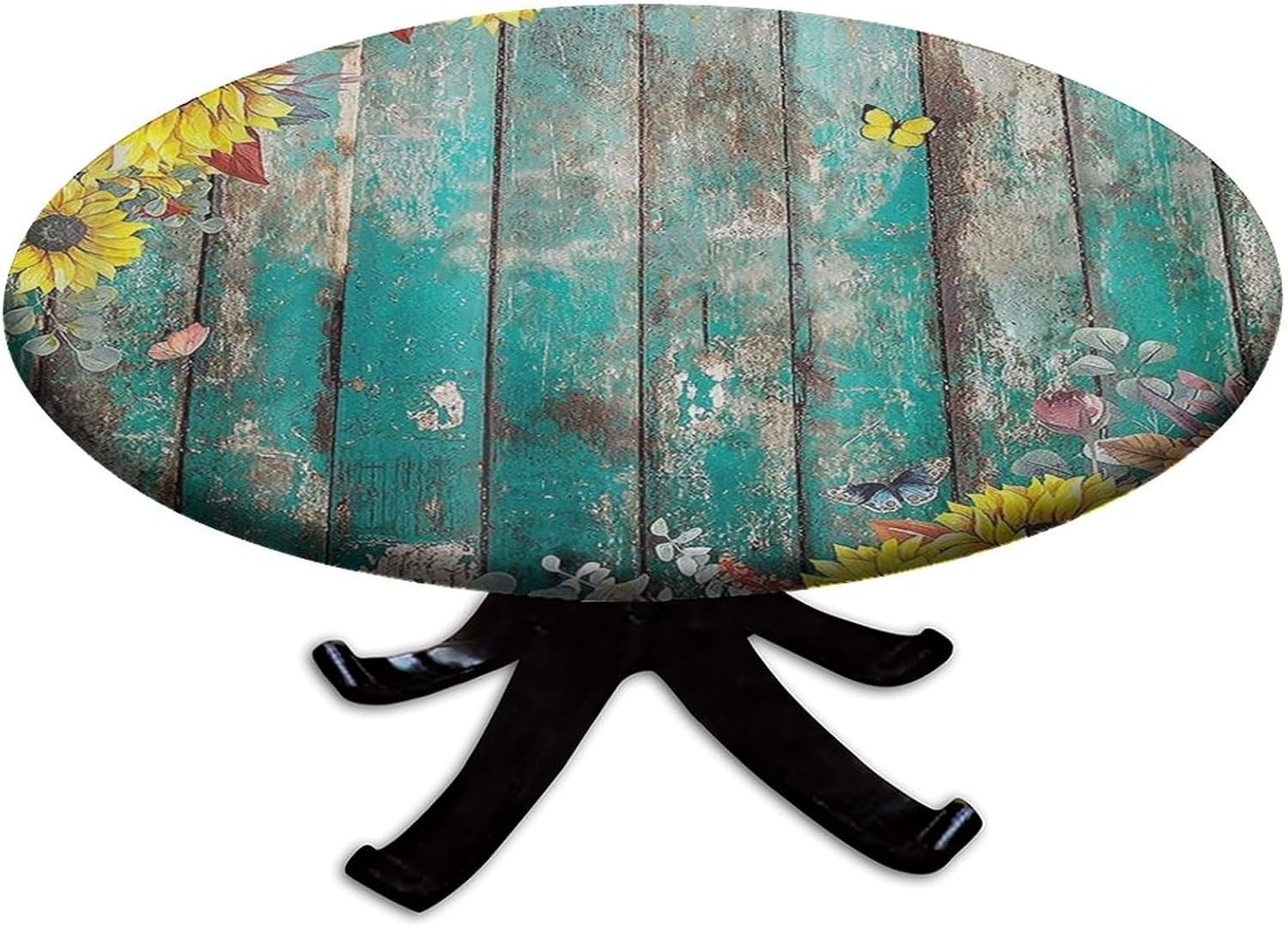 Fitted Elastic Edge Round Tablecloths, Teal Wood Grain Sunflowers Polyester Table Cover, for Indoor Holiday Family Banquet and Outdoor Patio Use, Fit for 52" Table