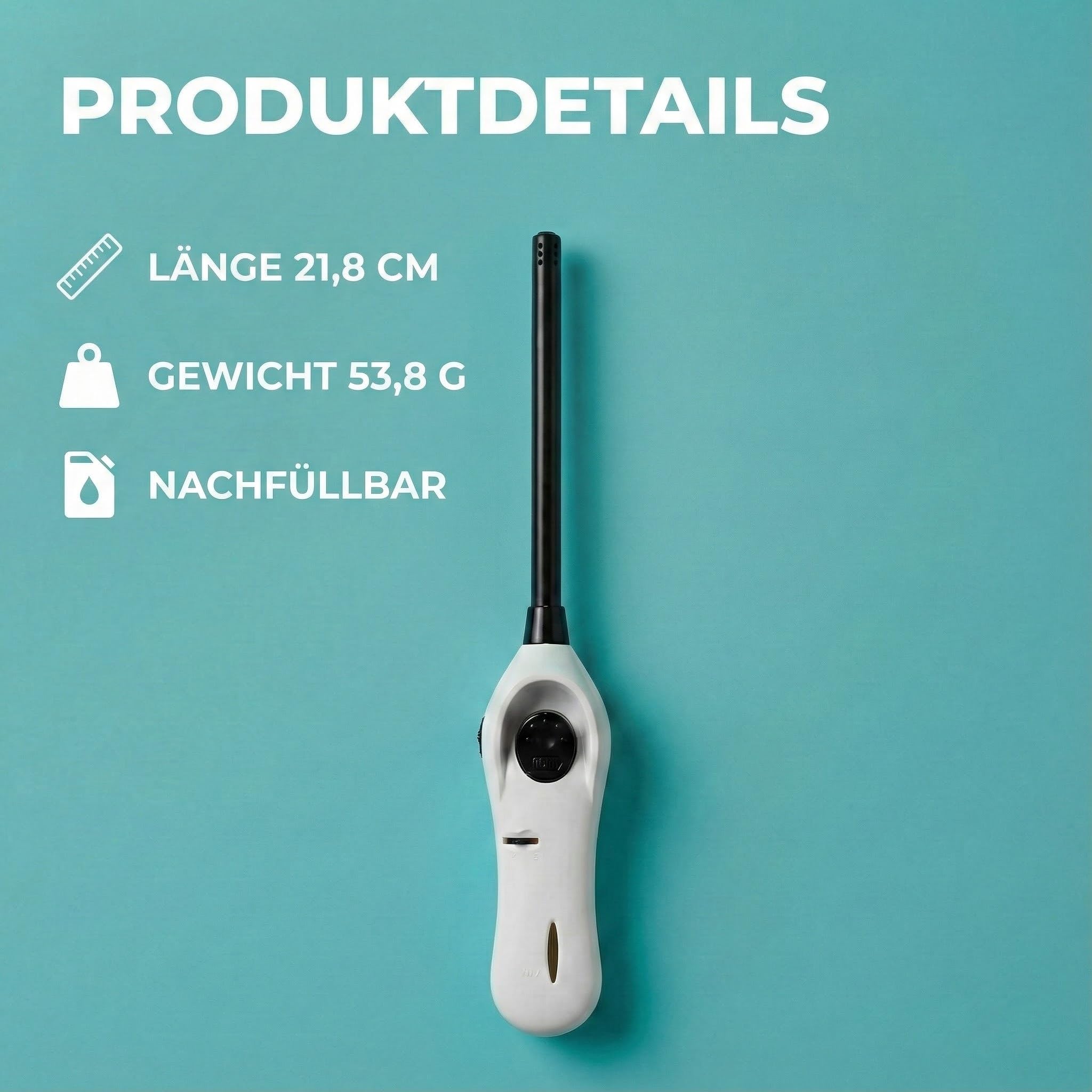 TOM Stabfeuerzeug Set 10 Stück nachfüllbar 21,8 cm | Langes Gasfeuerzeug und Kerzenanzünder, elektronisches Zündsystem, Soft Flame, für Kerzen, Grill und Kamin