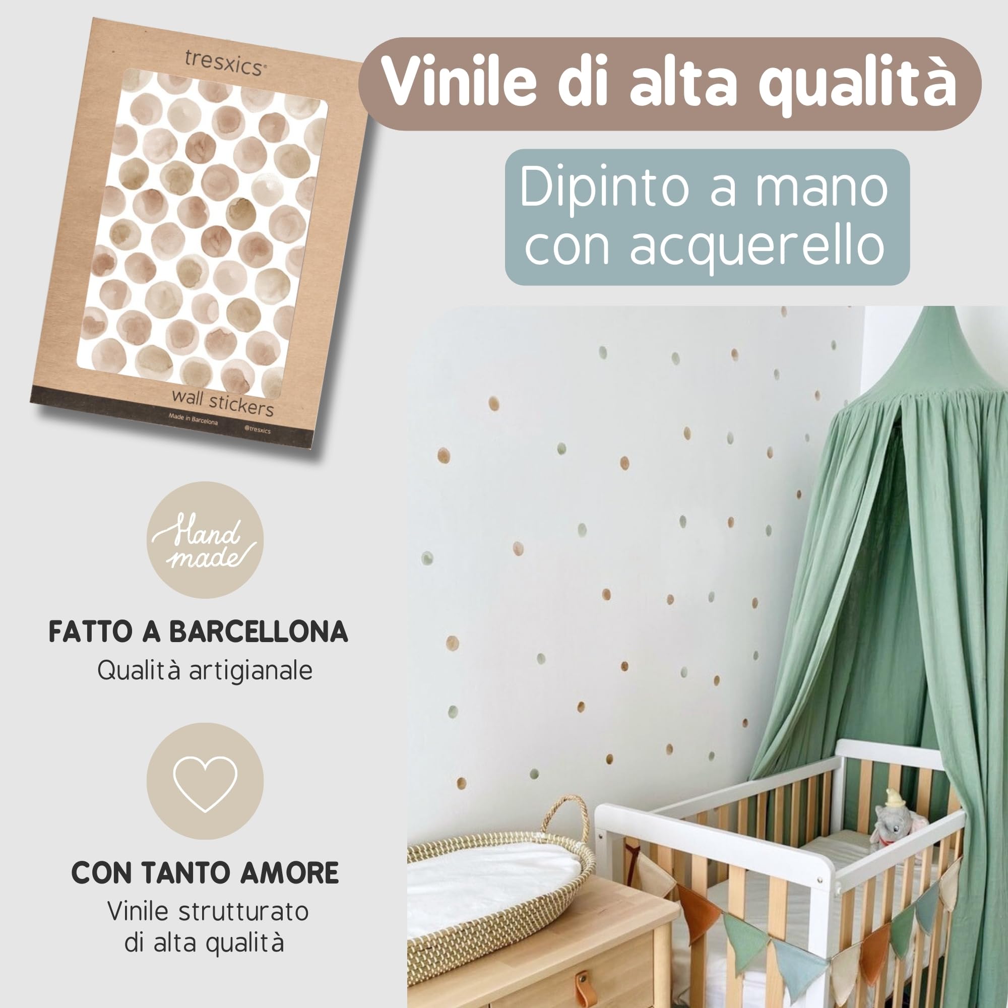 Adesivi Murali Bambini | Adesivi Cameretta Bambino Bimba Pois Acquerello | Effetto Carta da Parati Adesiva | Copre 6 m² | 200 pezzi | TRESXICS (Marrone)