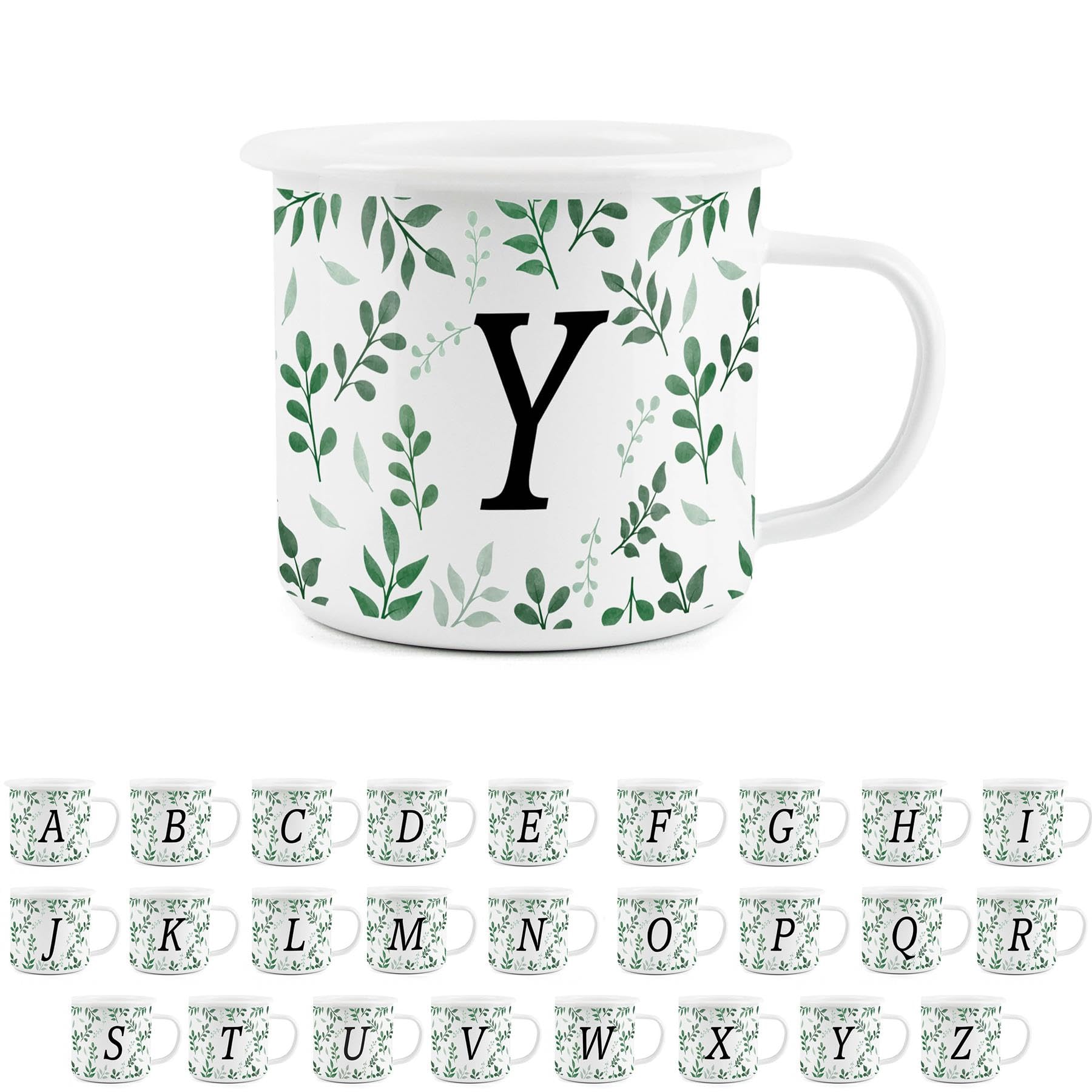 Foliage Letter Y Mug -White Initial Personalised Alphabet Novelty Durable Hot Drinks Outdoor Cup for Travel Picnics Home Hiking