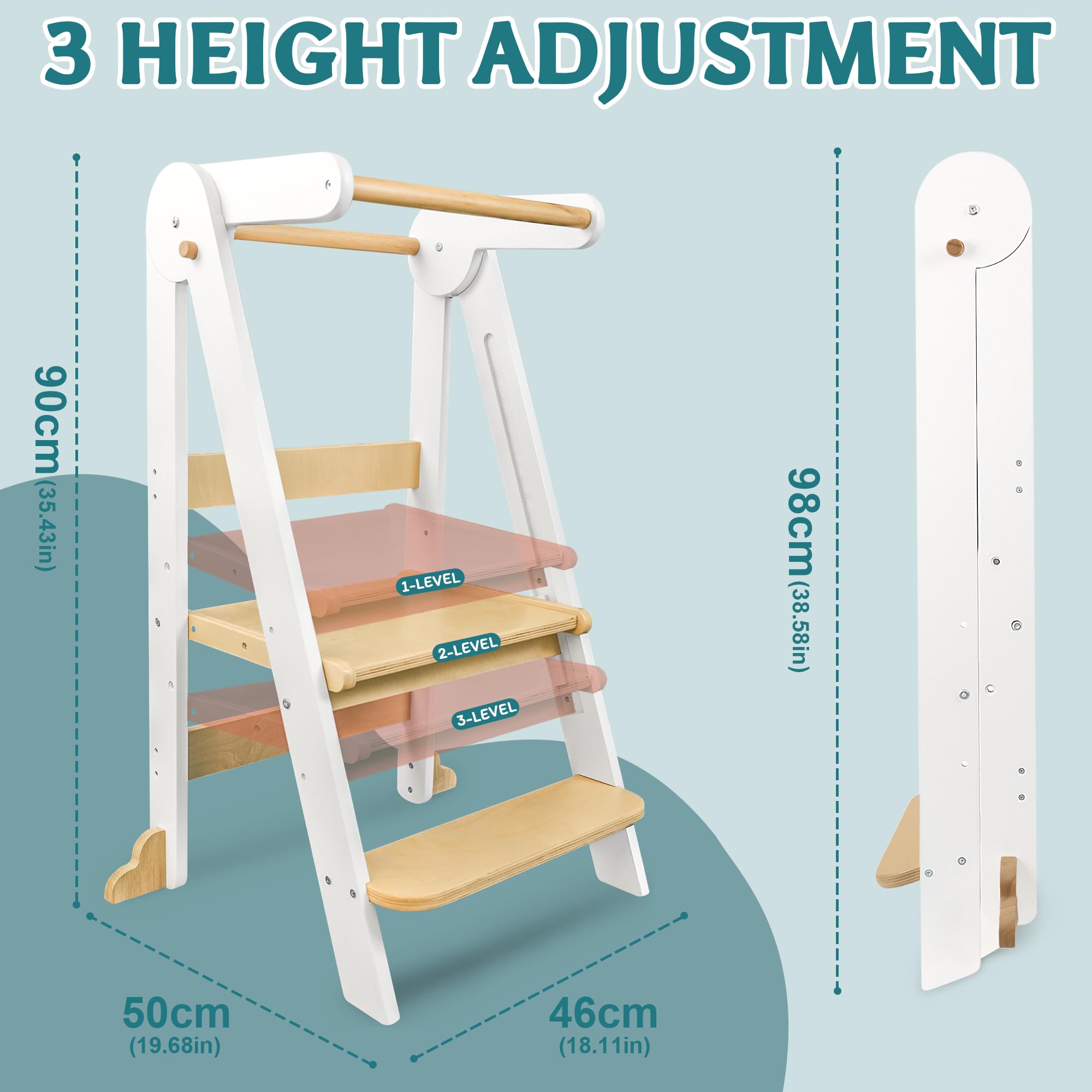 Lernturm Klappbar ab 1 Jahr, 3-stufig Höhenverstellbar Holz Kinder lernturm | Montessori Tritthocker Kinder, Mit Sicherheitsbarriere, Kippschutz, Learning Tower für Küche, Badezimmer, Waschbecken (Weiß)