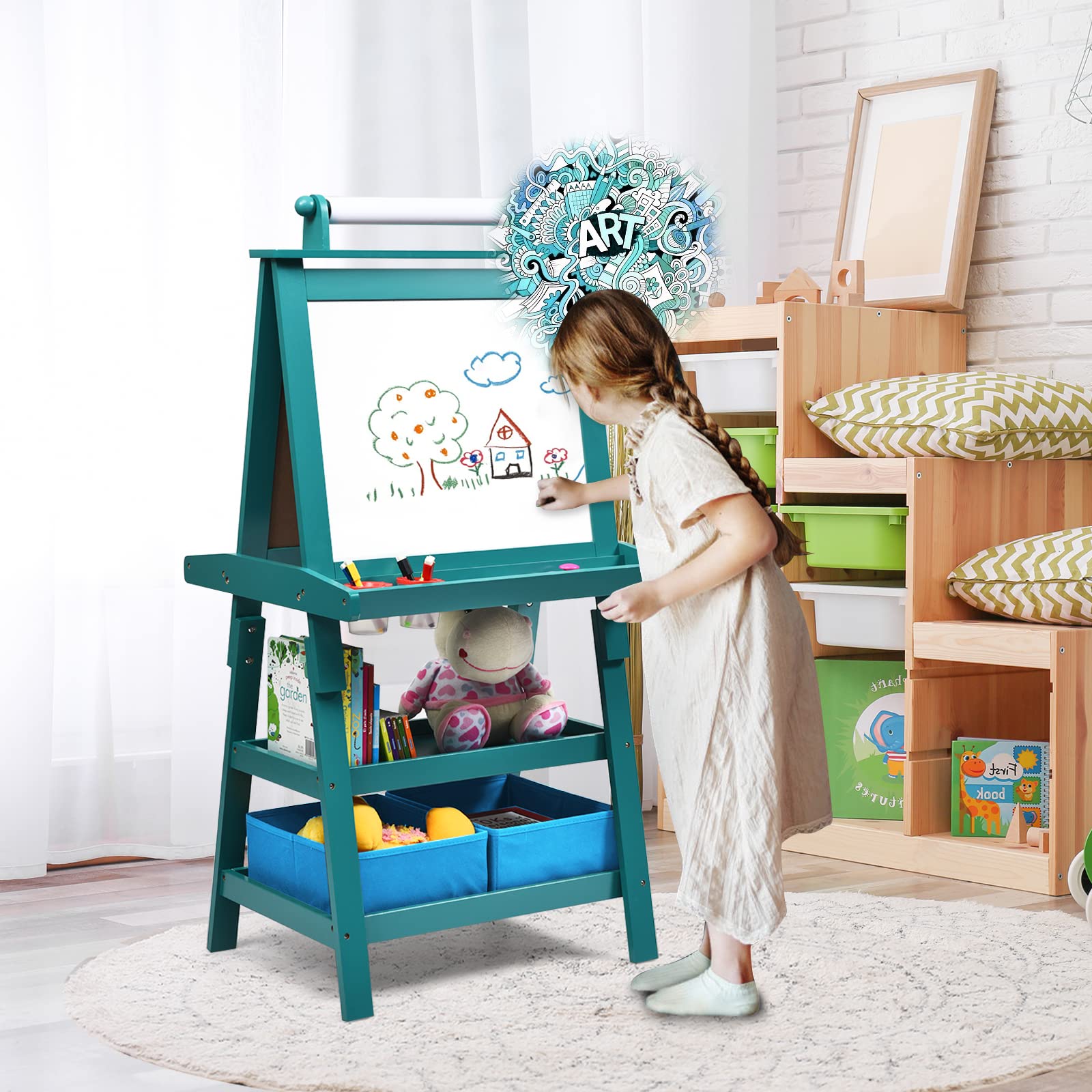DREAMADE doppelseitige Kinder Staffelei aus Holz, Kinderstaffelei mit Ablage, Kindertafel mit Papierrolle Whiteboard und Kreidetafel, inkl. 2 Stoffboxen (Grün)
