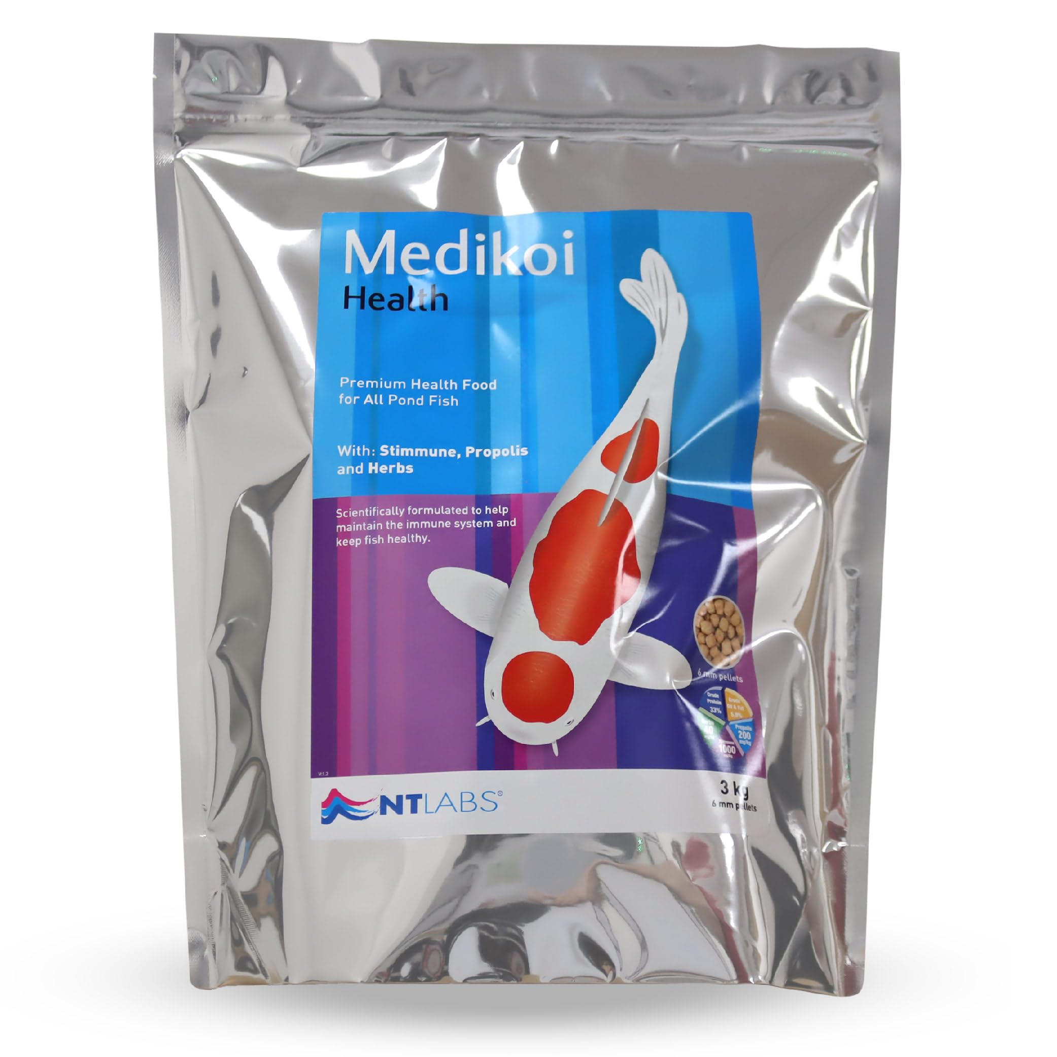 NT Labs Medikoi Health, Complete Feed For All Pond Fish, Ideal For Spring, Summer and Autumn Feeding, Contains Propolis, Maintains Immune System, Koi Fish Food (3 kg) (6 mm) (Standard)
