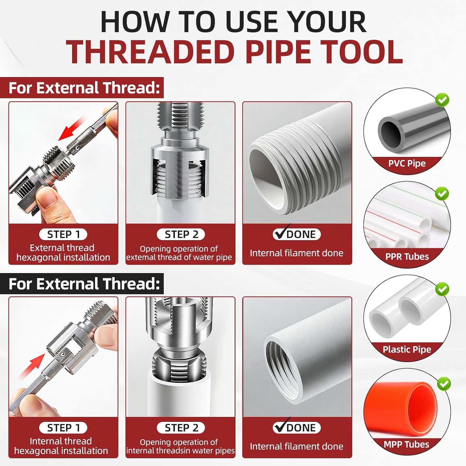 40PCS Plumbing Tool and Faucet Wrench Set, Universal Sink Wrench w/Four-Jaw Hex Wrench, 1/2" Pvc Pipe Threader, PEX Pipe Cutter, Pipe Extractor Tool, Adjustable Wrench, Shower Faucet Gaskets