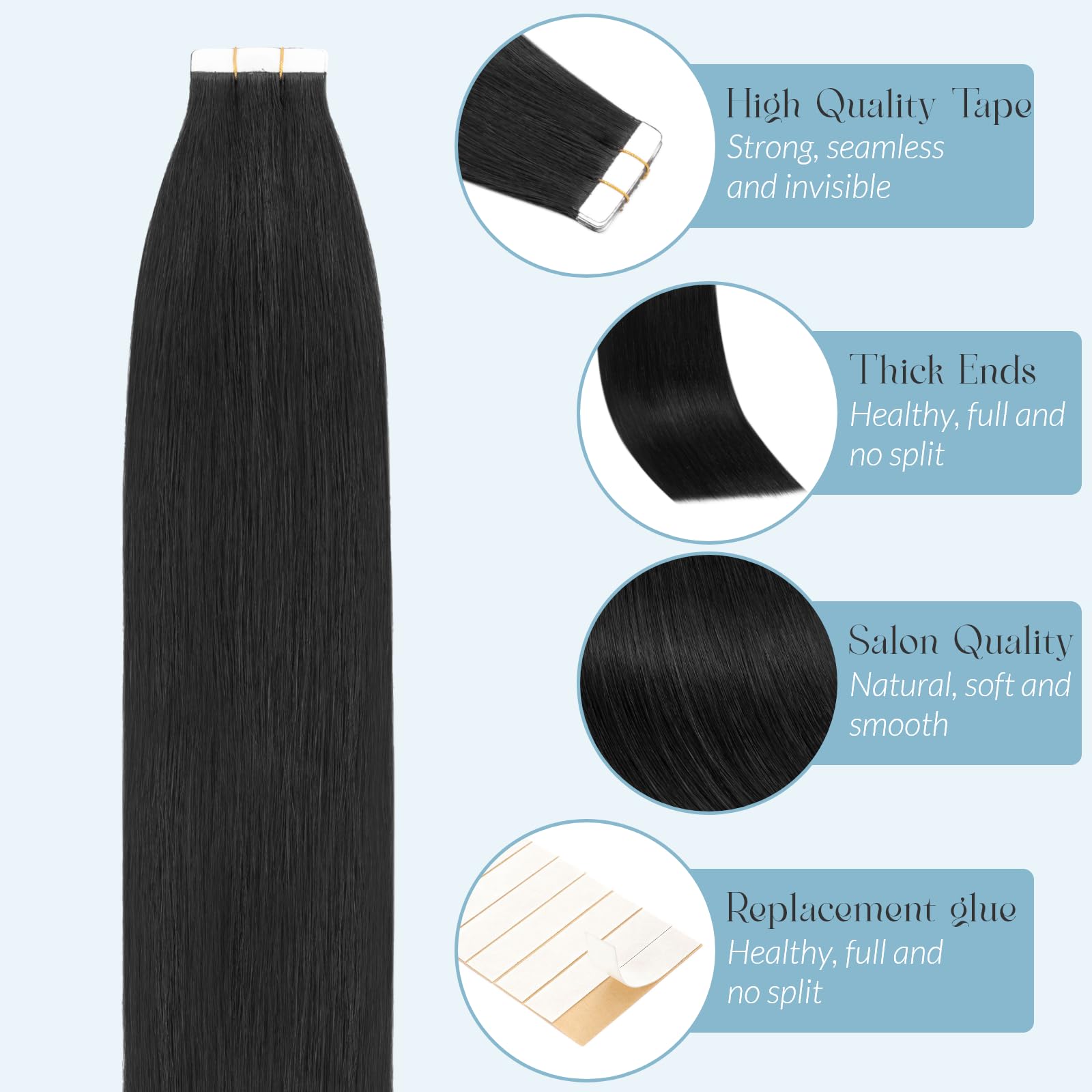 MY-LADY Tape in Hair Extensions 10 Pcs Invisible Thin Type 14 Inch Real Human Hair Tape in Extensions Straight Seamless #1 Jet Black 10g - Image 2