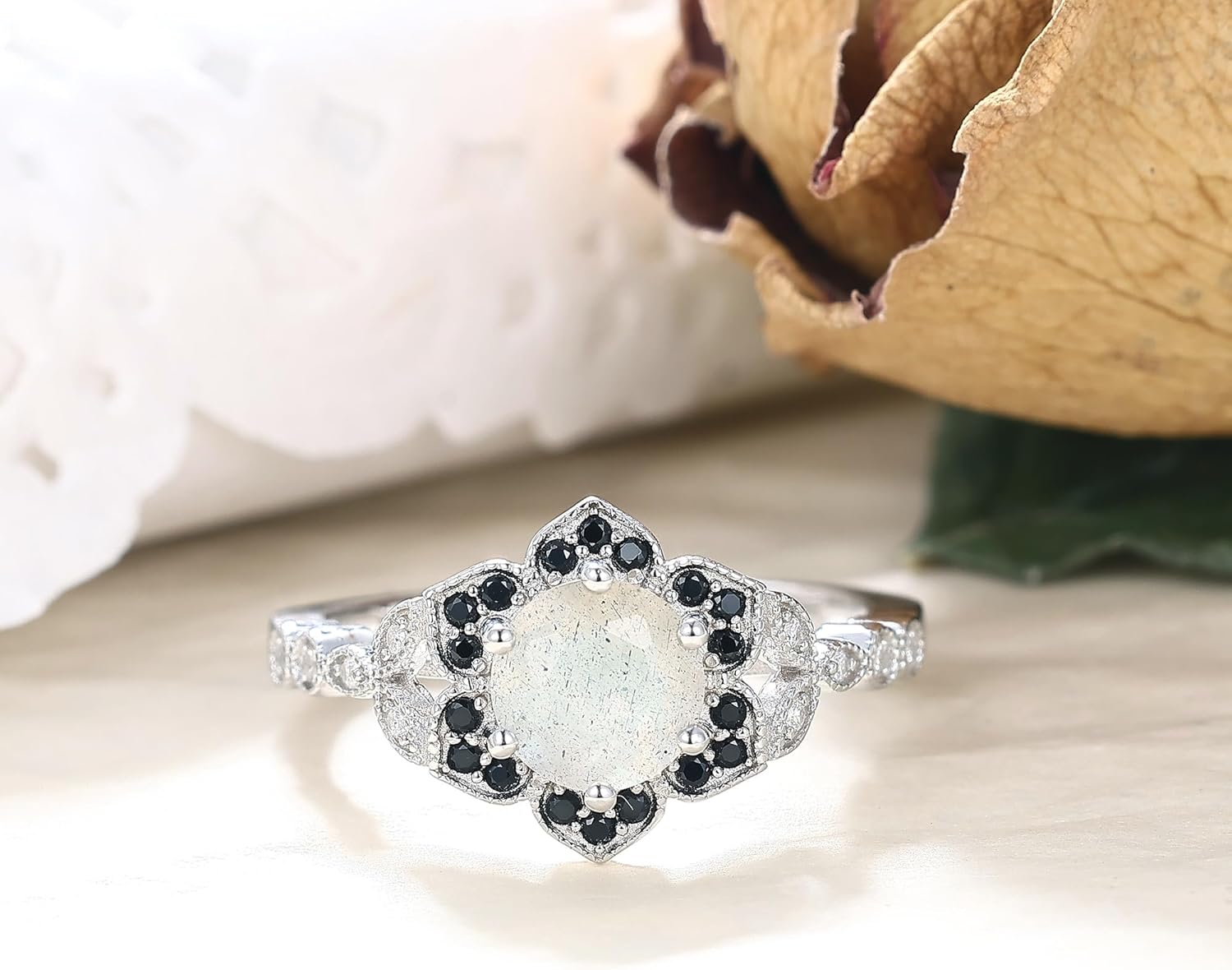 Bridal Engagement Wedding Rings for Women Round Natural Black Rutilated Quartz/Blue Topaz/Amethyst/Labradorite/Herkimer Diamond 6.5mm Victorian 925 Sterling Silver Promise Ring for Her Size 4-9