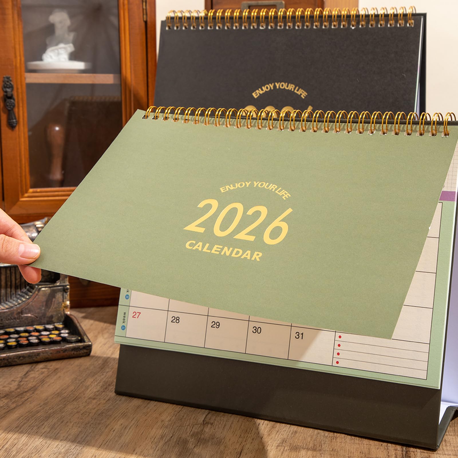 Tischkalender 2025–2026, monatlicher Schreibtischkalender von Juli 2025 bis Dezember 2026 – Stehender Flip-Desktop-Kalender – dickes Papier Doppeldrahtbindung für Zuhause oder Büro (L-Grün)