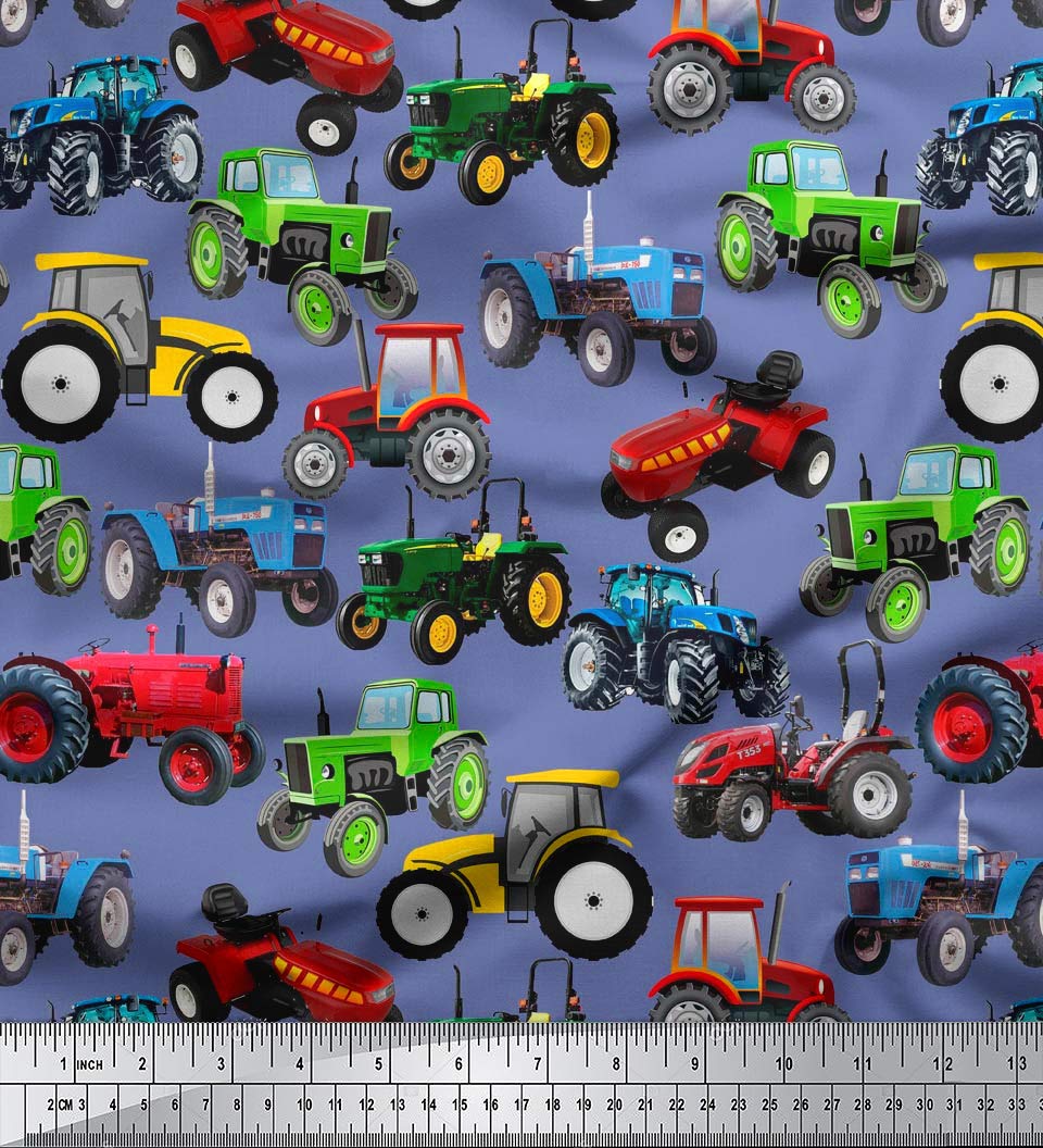 Soimoi Sewing Cotton Voile Fabric Material Tractor Print 58 Inches Wide by The Yard-Grayish Blue
