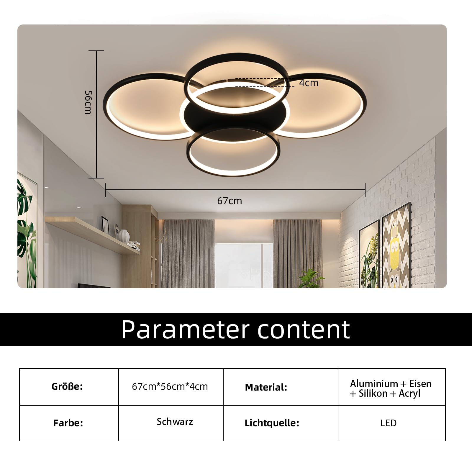GBLY Deckenlampe LED Deckenleuchte Wohnzimmer: 67CM Wohnzimmerlampe Dimmbar | 70W mit Fernbedienung 5-Ringen Schwarz Schlafzimmerlampe Modern Acryl Deckenbeleuchtung für Büro Schlafzimmer Esszimmer