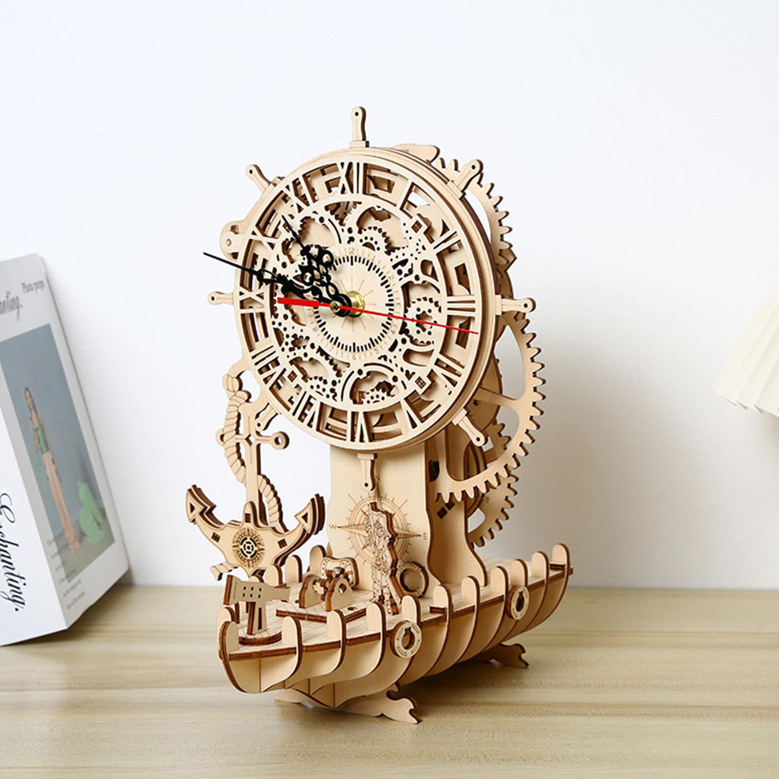 3D drewniane puzzle dla dorosłych, 3D drewniany zegar puzzle mechaniczne model, Drewniany zegar DIY z pirackim statkiem, DIY świąteczne prezenty urodzinowe, 123 elementy