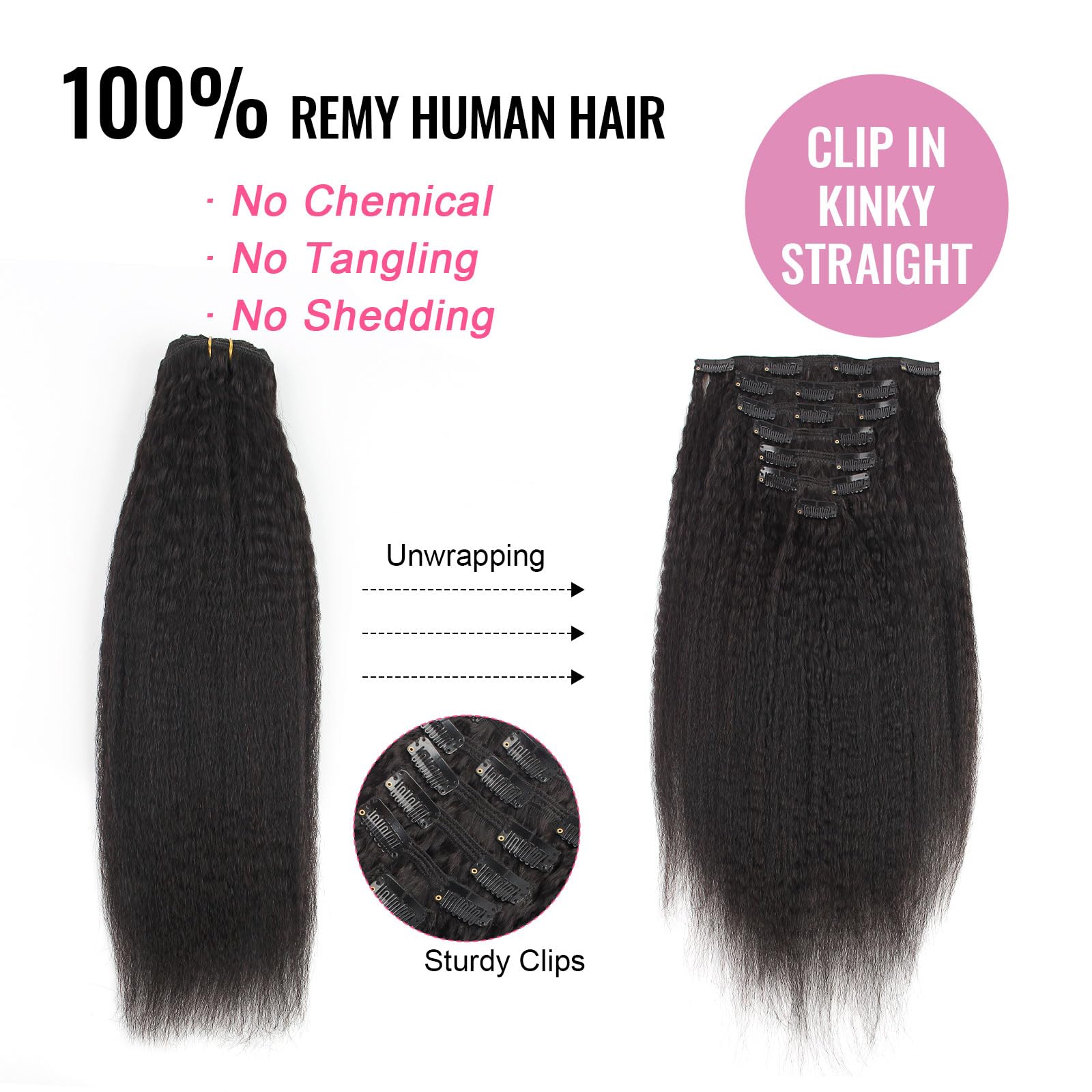 ABH AmazingBeauty Hair Yaki Straight Clip Hair Extensions Human Hair Real Remy Thick Yaki Clip In For African American Relaxed Hair 7 Pieces 120 Gram Per Set, 18 Inch