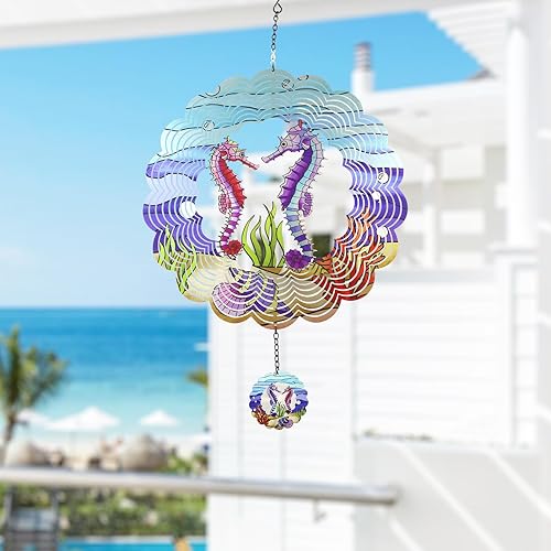 Miniatura 5 de YNGFIL Molinillo de Viento 3D de Caballito de Mar Arte Cinético de Metal Molinillo de Viento Colgante Decoración al Aire Libre Adornos de Océano