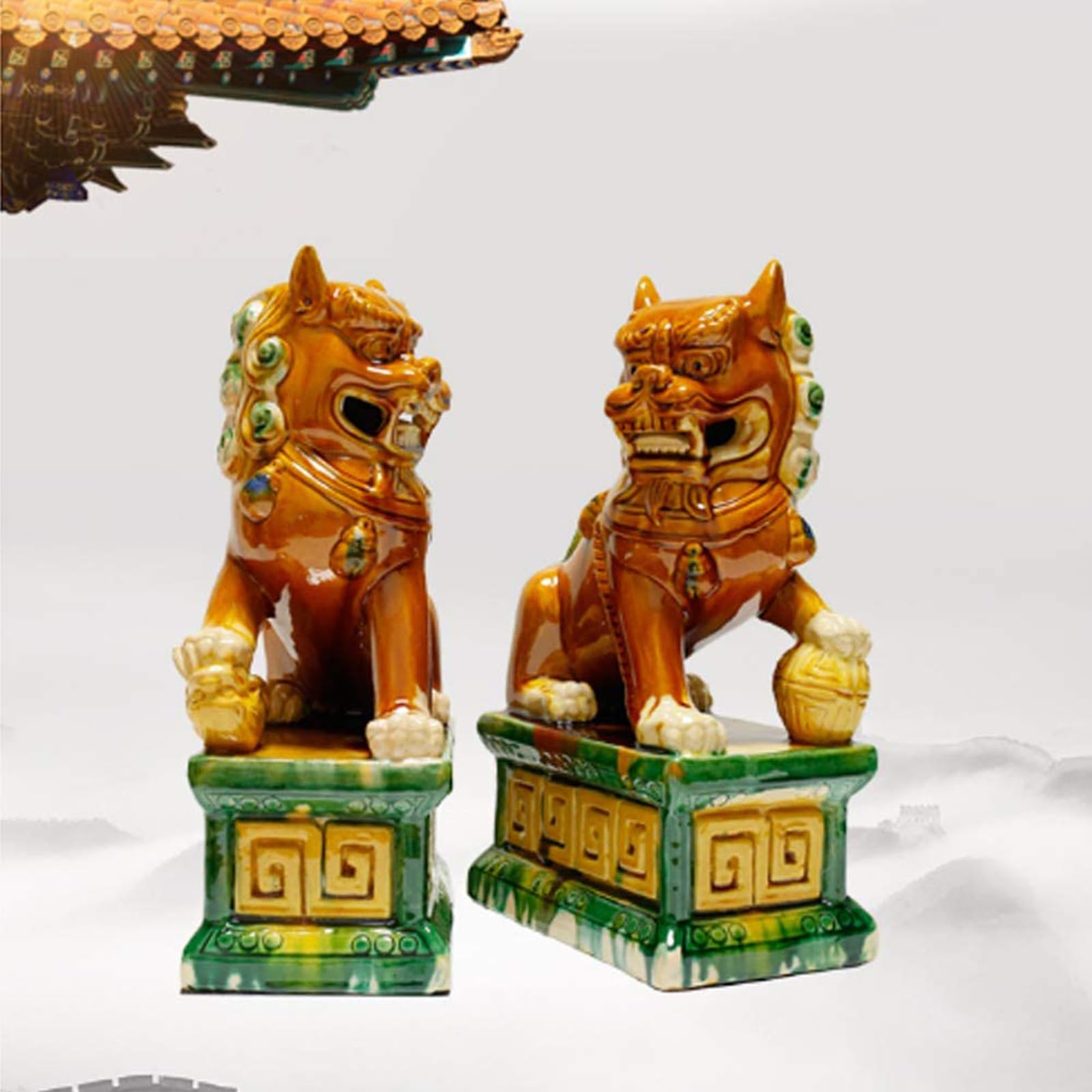 Statue Cani Foo Cinesi in Ceramica - Coppia di Leoni Guardiani del Tempio, Decorazione Feng Shui, Set Regalo Orientale,Verde,4.72 * 7.87in