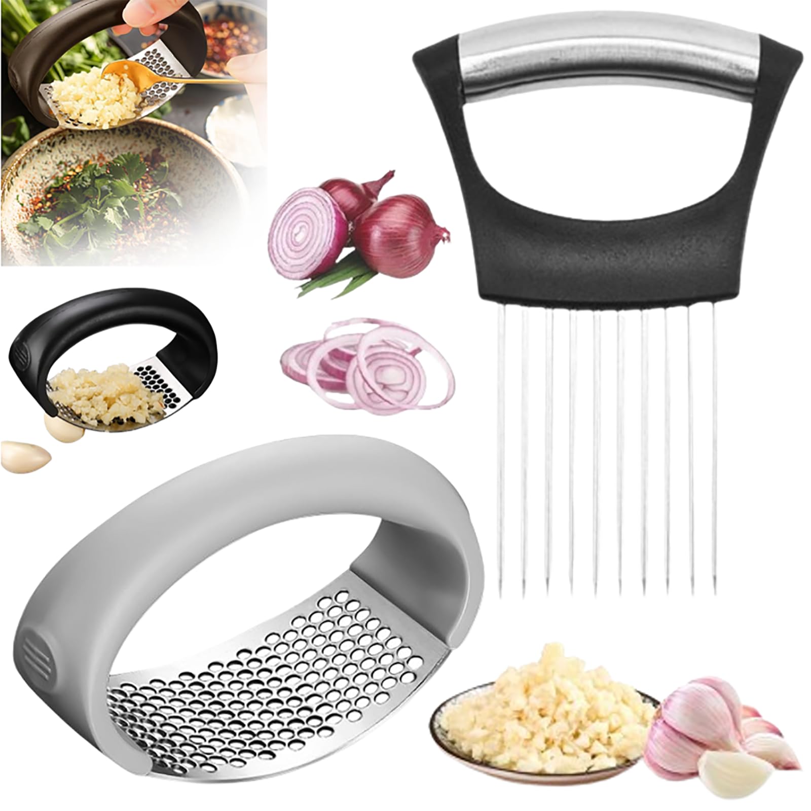 Stainless Steel Garlic Rocker, Presser & Crusher with Peeler - Wide Handle, Innovative Garlic Chopper Mincer - Grey, with Long Onion Fork