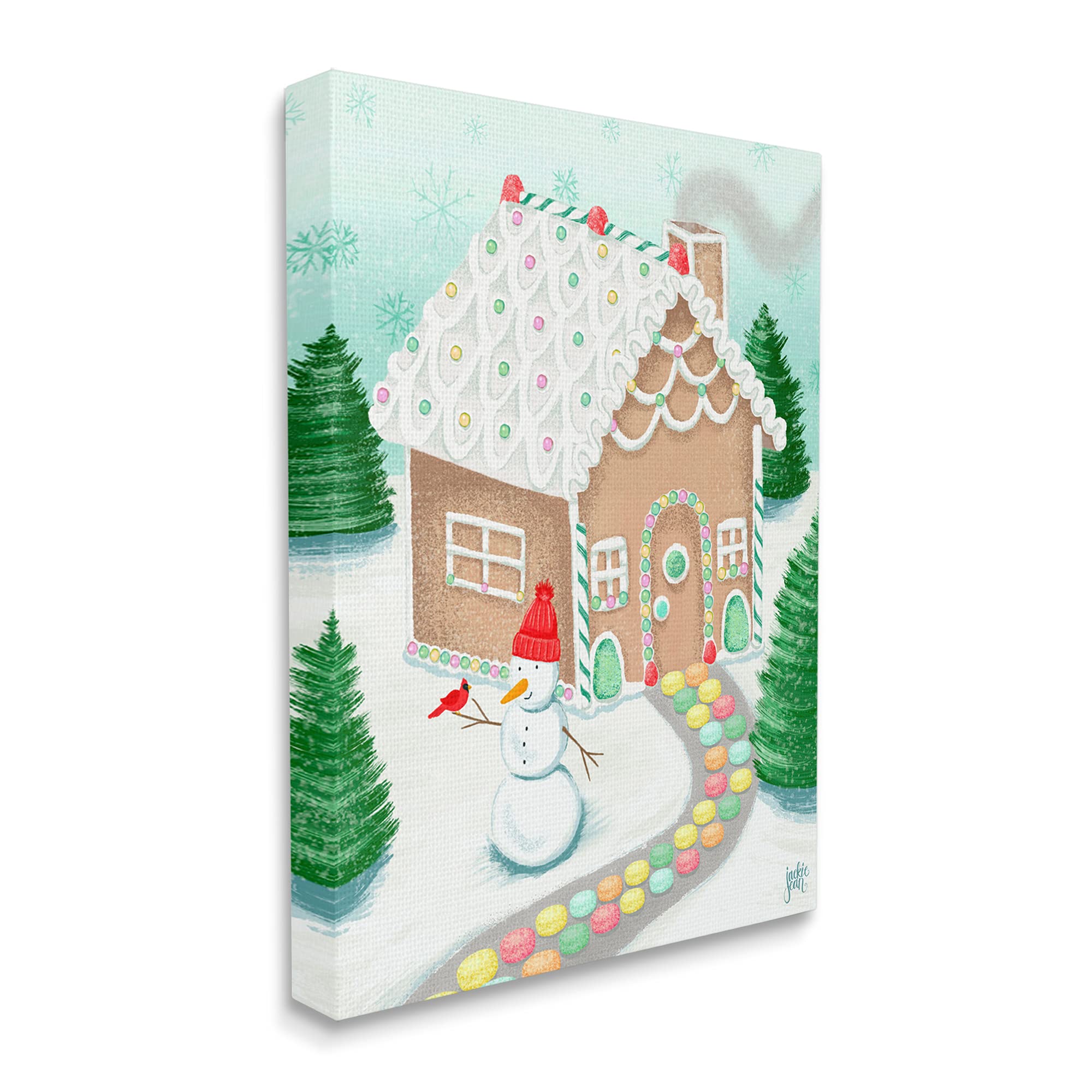 Stupell Industries Playful Gingerbread House Christmas Landscape Happy Snowman, Designed by Jackie Quigley Canvas Wall Art, 36 x 48, Blue