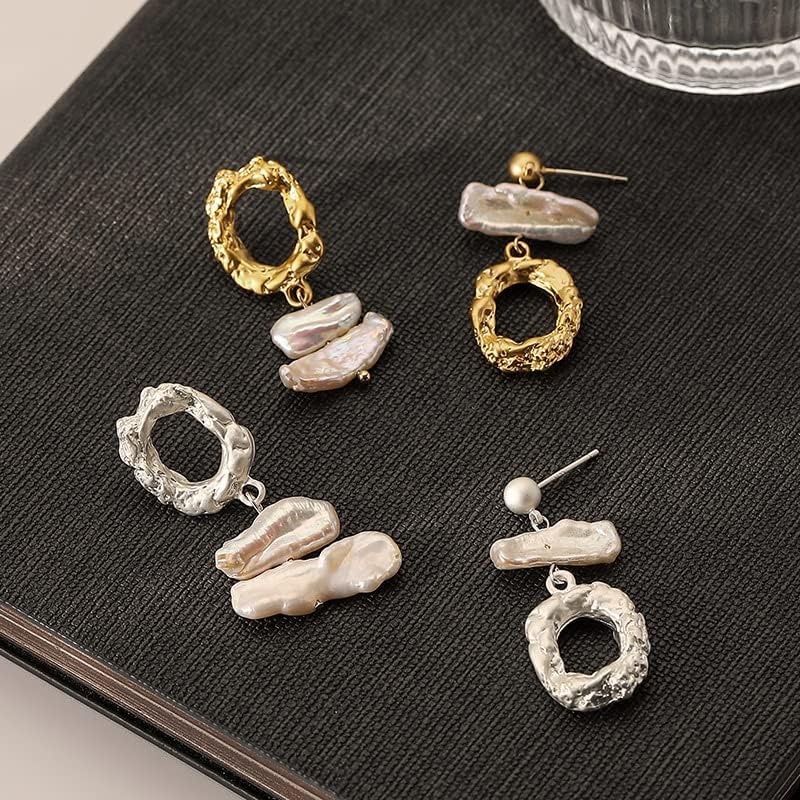 フレンチヴィンテージ非対称異常天然淡水パールイヤリング 高級溶岩テクスチャスターリングシルバー ニードルスタッドイヤリング, 真鍮,