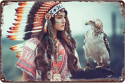 Letreros de metal vintage  Cartel de hojalata de niña india nativa americana, hermoso tocado con plumas de águila, póster de decoración de pared
