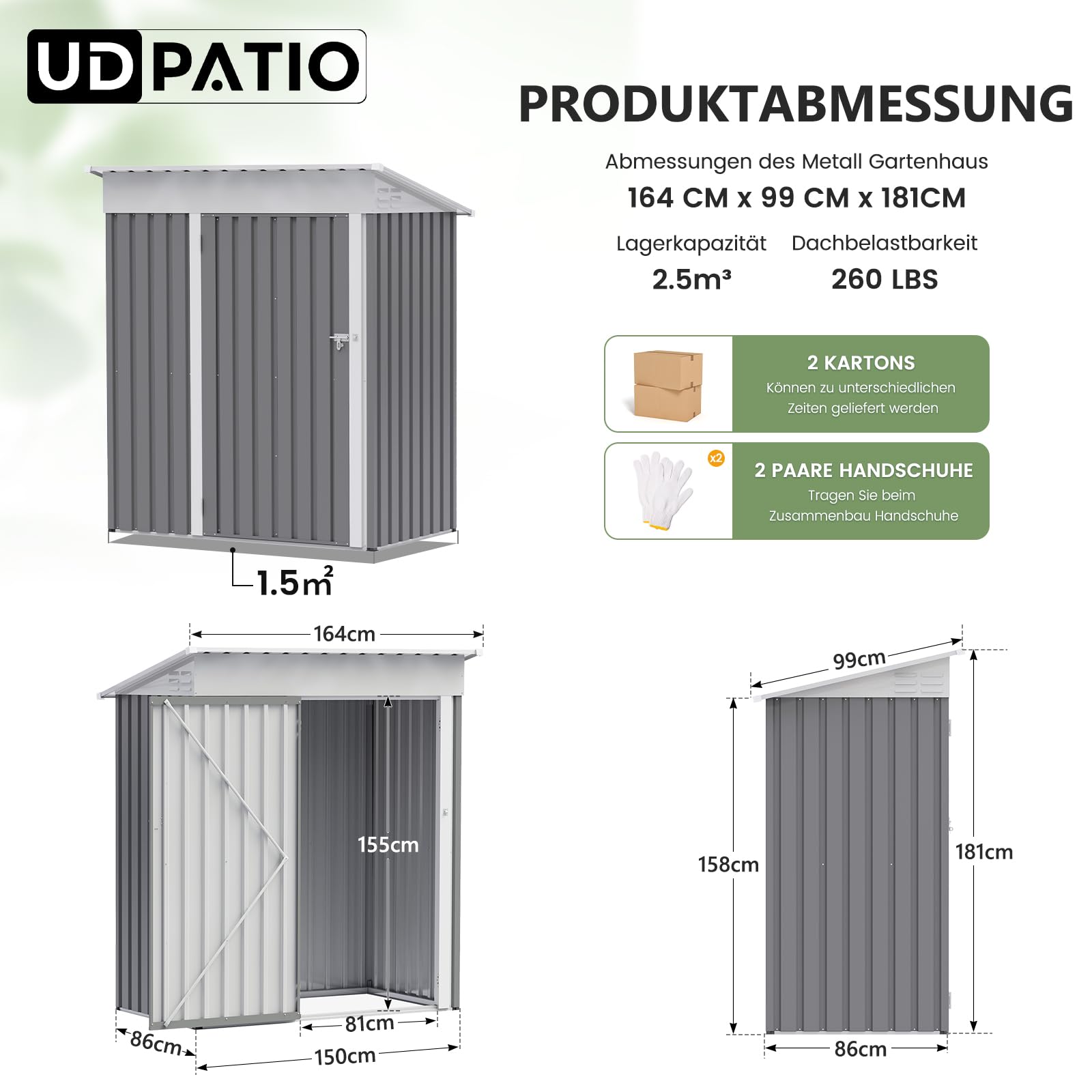 UDPATIO Metalowy domek zewnętrzny 162 x 92 x 180 cm, schowek ogrodowy, wodoodporny na narzędzia, kosiarkę, stal ocynkowana z zamykanymi drzwiami na dziedziniec, patio, jasnozielony