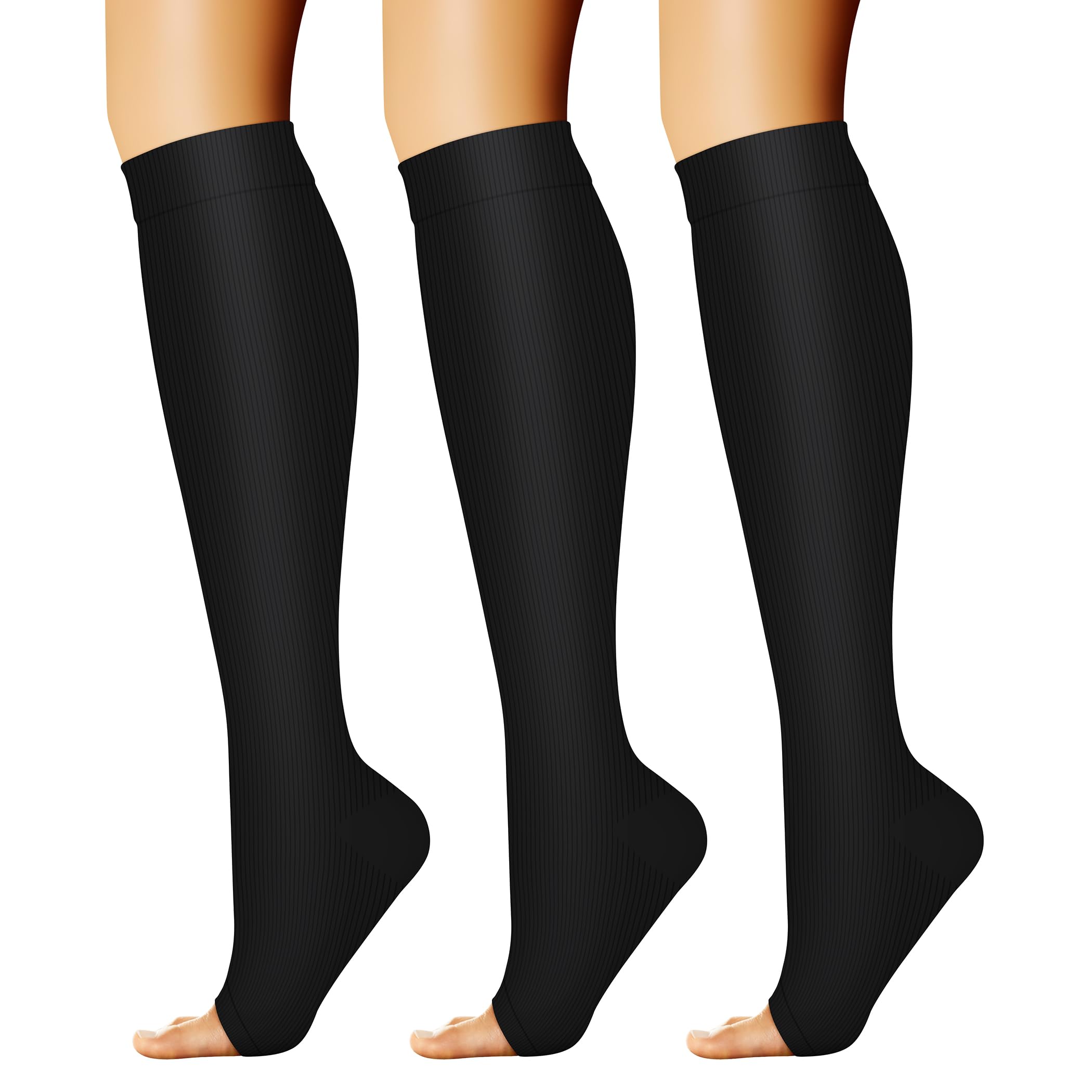 3 Pairs Open Toe Compression Socks for Women & Men Circulation 15-20 mmHg is Best Support for All Day Wear