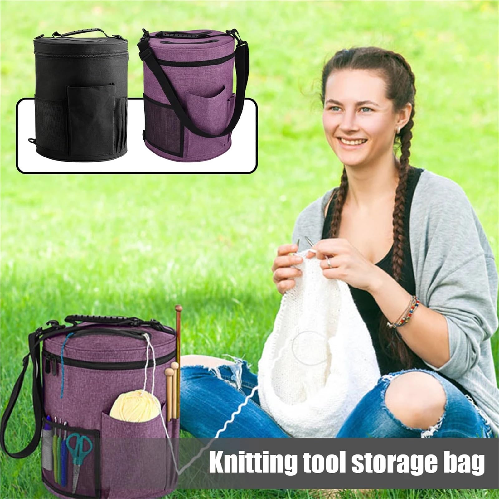 Bolsa de almacenamiento for lanas, organizador de herramientas de tejer redondas de tela Oxford con múltiples bolsillos for hilo, ganchos de ganchillo, bolso de agujas Para Hilos, Ganchillos(Purple)