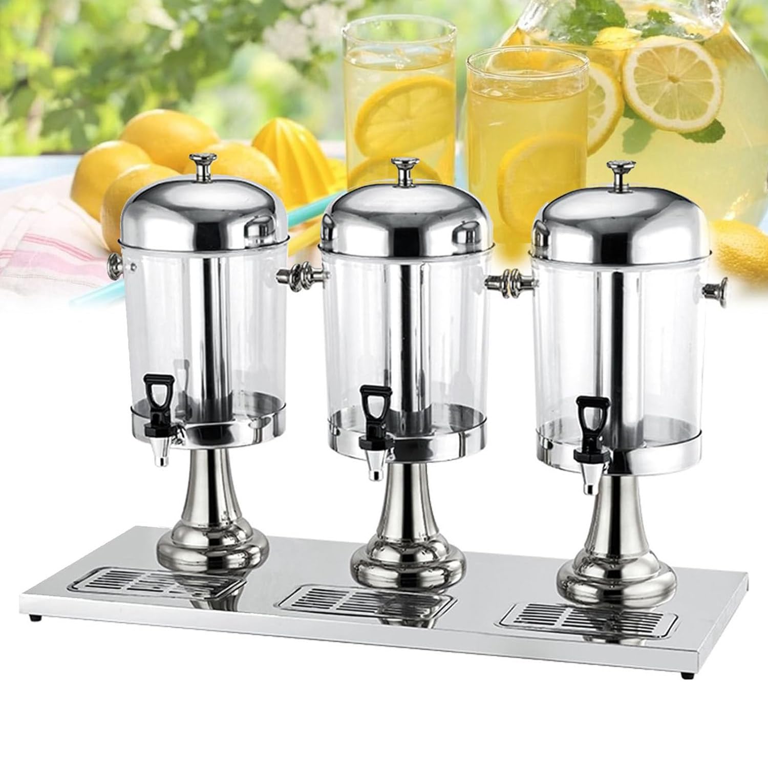 ASerZenith Stainless Steel Clear Glass Drink Dispenser Juice Drink, 16L/24L Glass Beverage Dispensers Machine With Faucet, Commercial Juice Dispenser(Silver-Threehead24L)