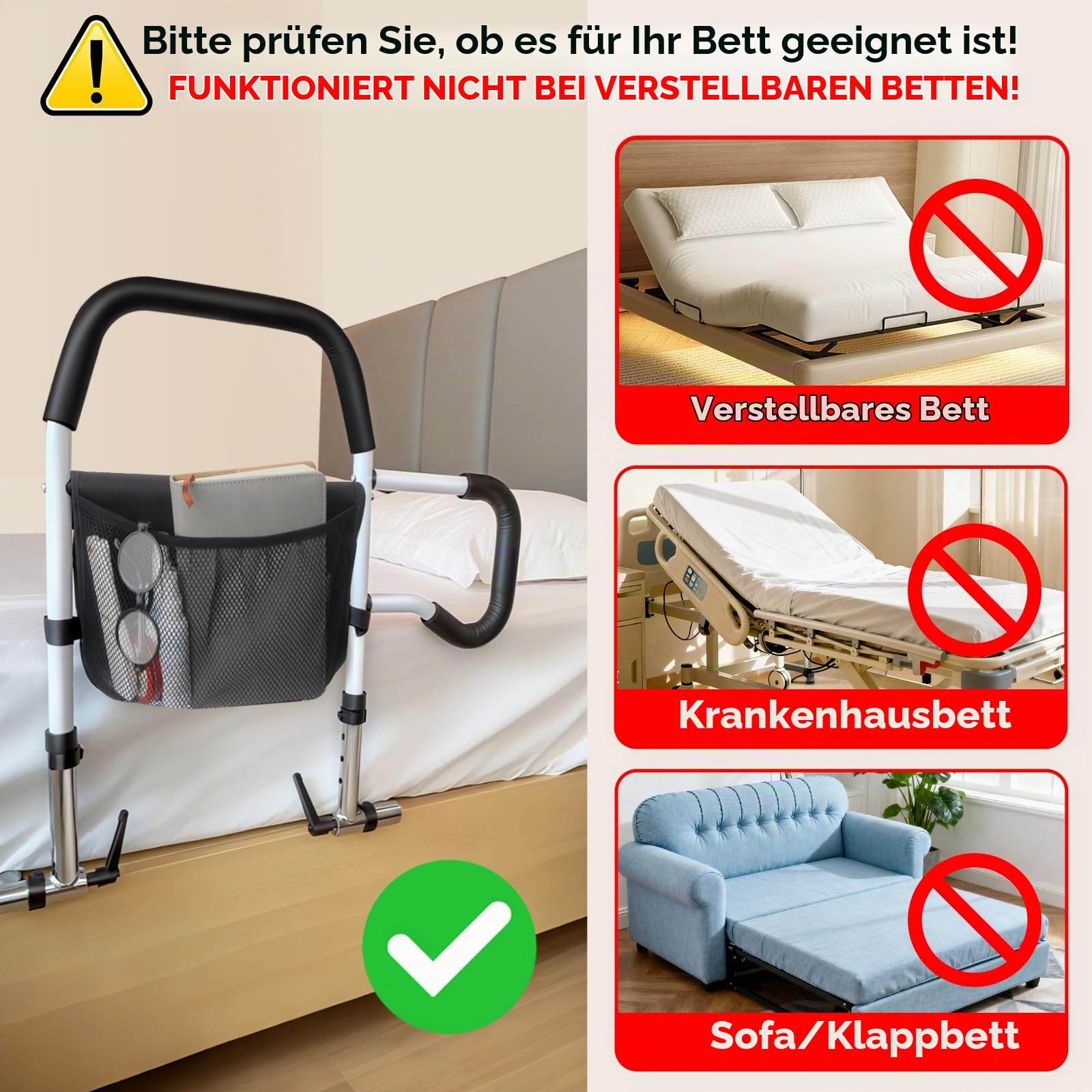 Aufstehhilfe Bett fur Senioren, Faltbare Bettgitter für verstellbares Bett, Nicht wackelige Betthilfsstange für Senioren, passend für King/Queen/Voll/Twin