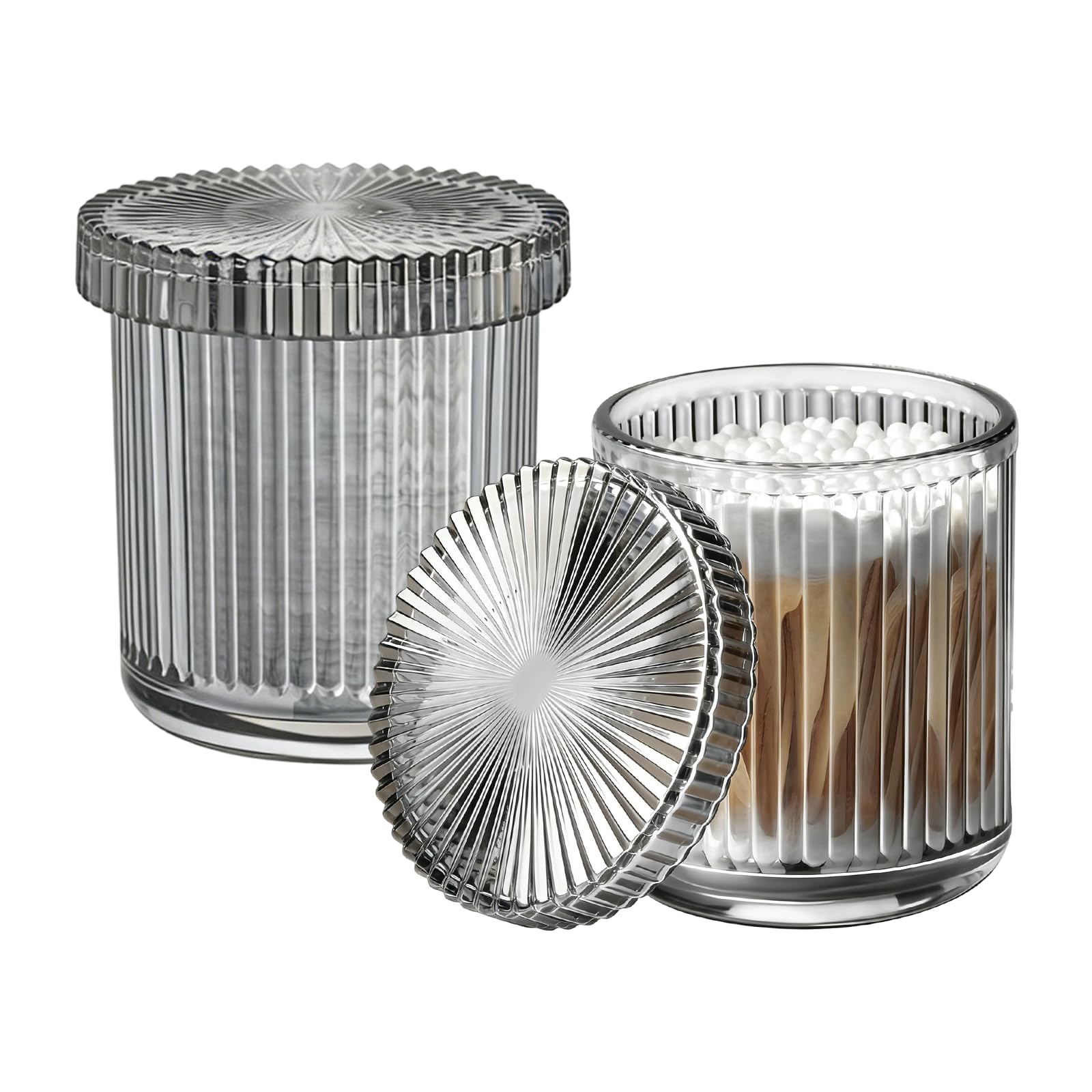 MC MEICHUANG Glass Cotton Ball and Swab Holder Organizer, Set of 2 Glass Storage Jars with Lid for Bathroom ,Dust-Proof Q-tips Floss Dispenser (Grey)