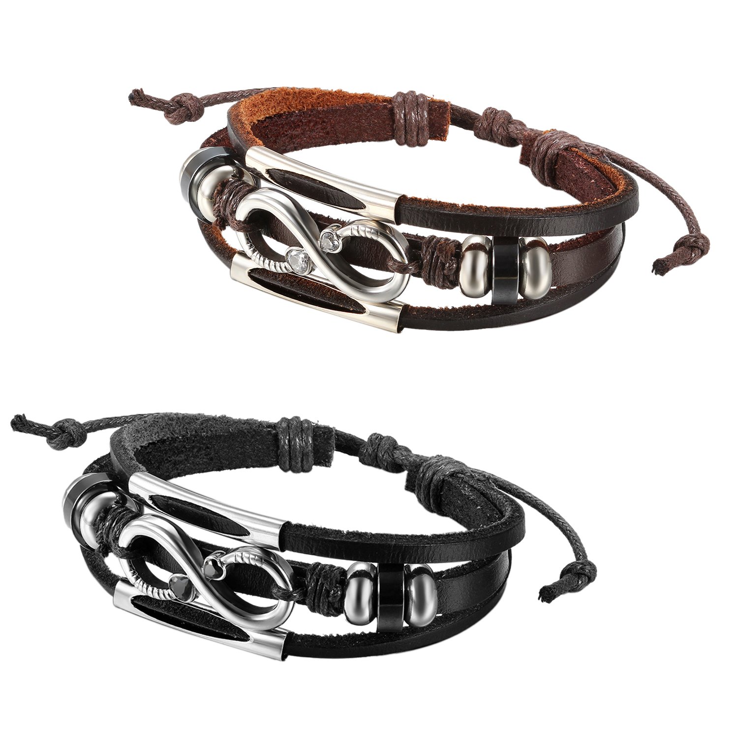 Flongo hombre mujer Vintage acero inoxidable infinity love forever piel Wrap ajustable Cuff Pulsera, 8 – 10 inch
