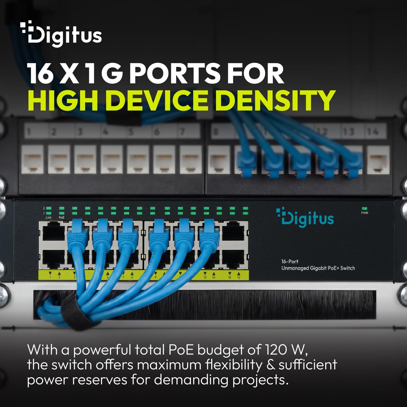 DIGITUS Switch di rete PoE+ – 10 pollici, 1U – 1 Gbit/s – 16 porte RJ45