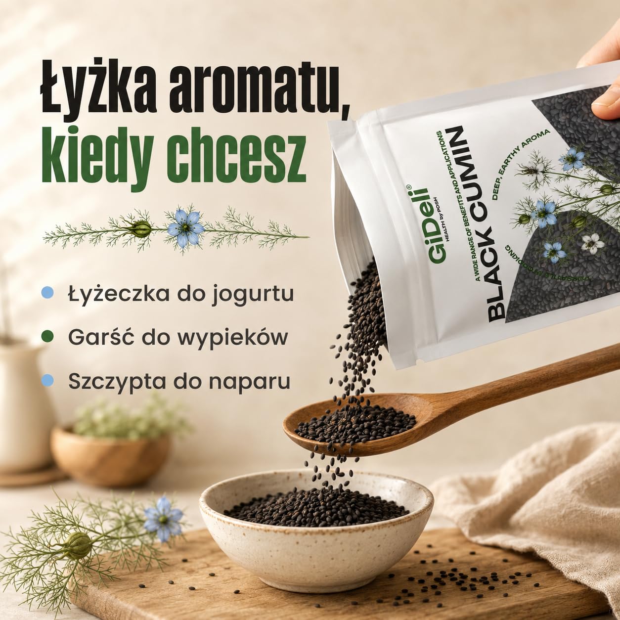 GiDeli Nasiona czarnuszki 1 kg prawdziwych nasion czarnuszki uniwersalne w Twojej kuchni